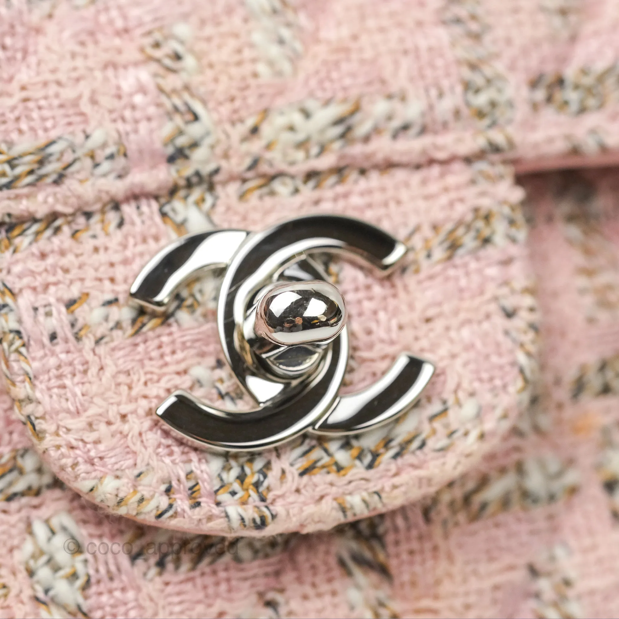Chanel Classic M/L Medium Flap Quilted Pink Tweed Silver Hardware