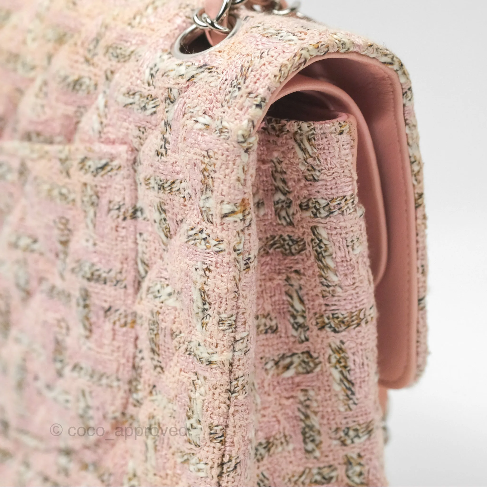 Chanel Classic M/L Medium Flap Quilted Pink Tweed Silver Hardware