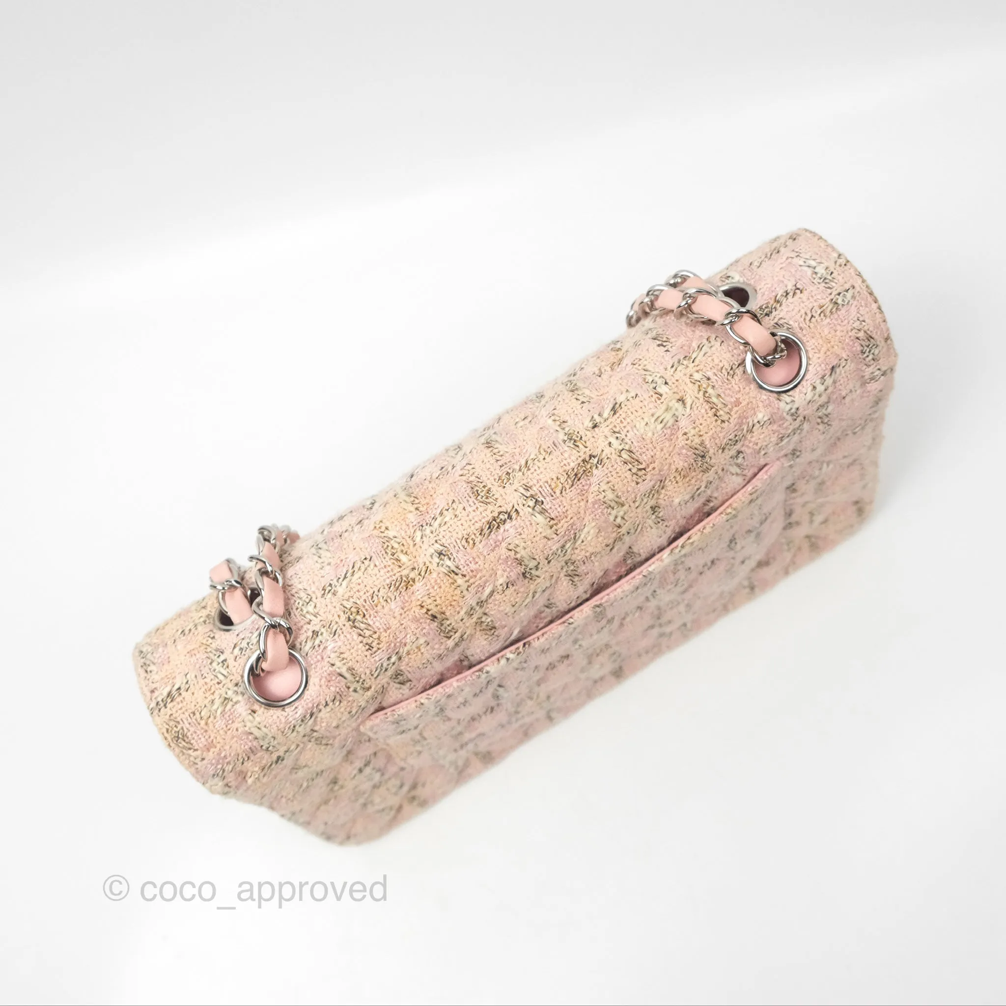 Chanel Classic M/L Medium Flap Quilted Pink Tweed Silver Hardware