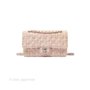 Chanel Classic M/L Medium Flap Quilted Pink Tweed Silver Hardware