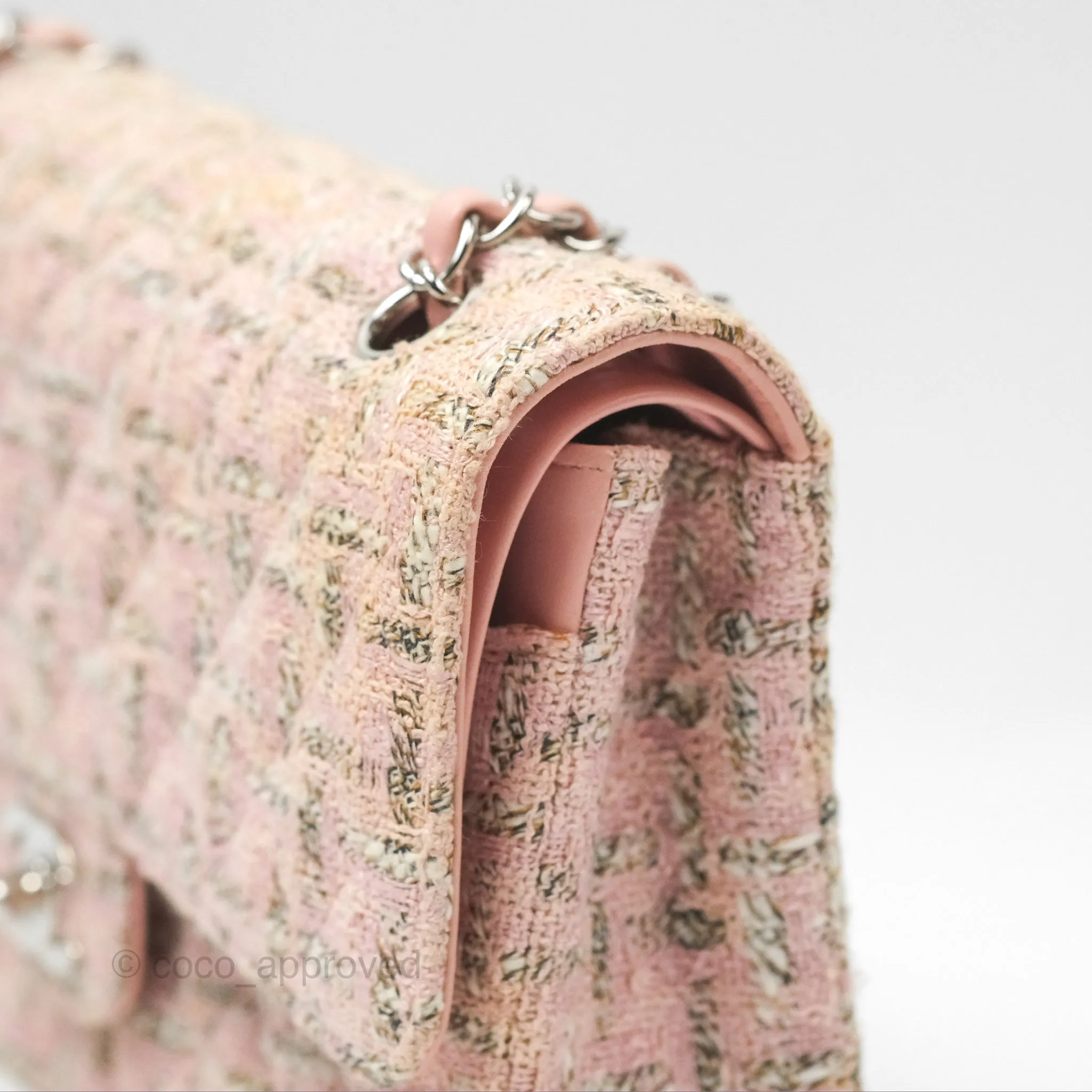 Chanel Classic M/L Medium Flap Quilted Pink Tweed Silver Hardware