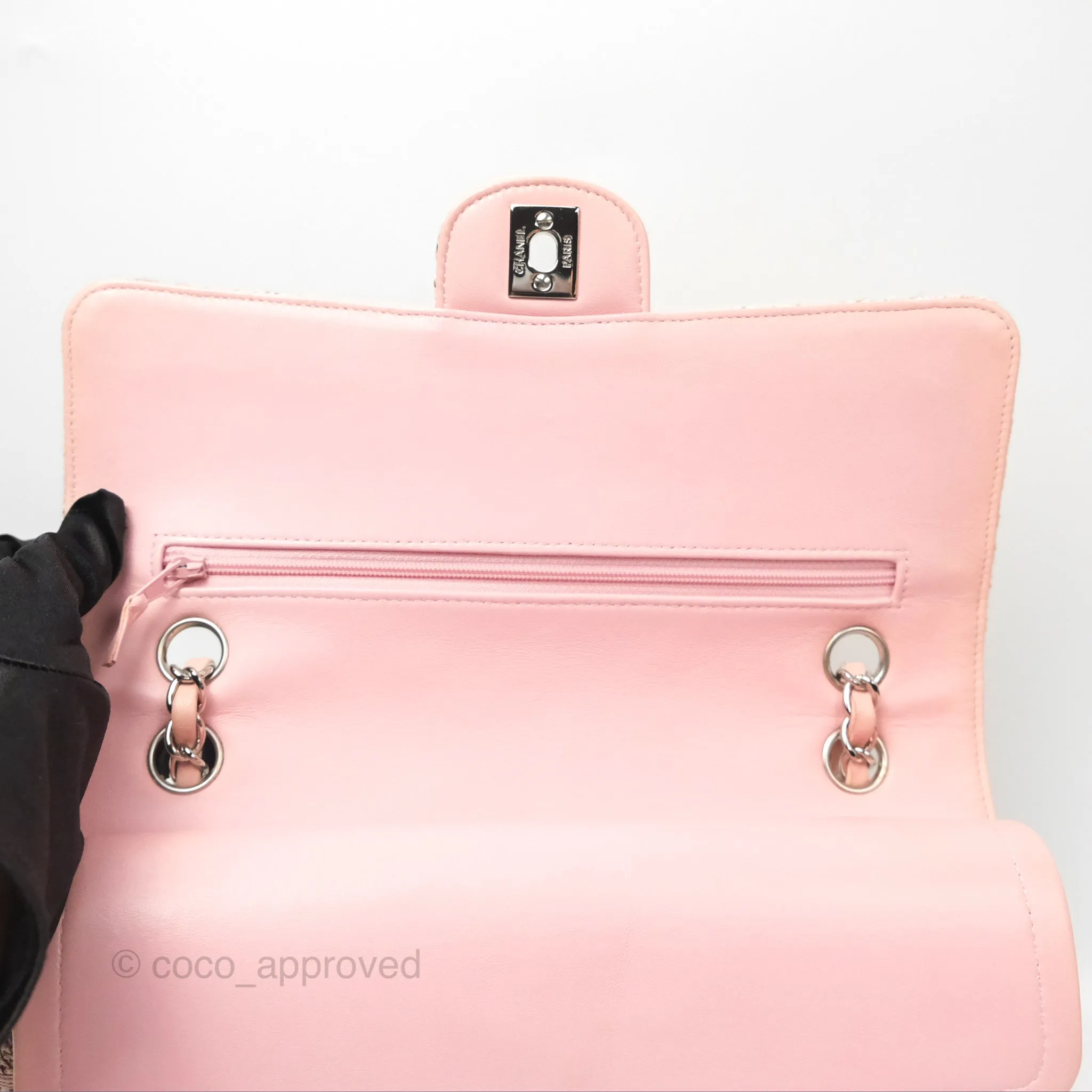 Chanel Classic M/L Medium Flap Quilted Pink Tweed Silver Hardware