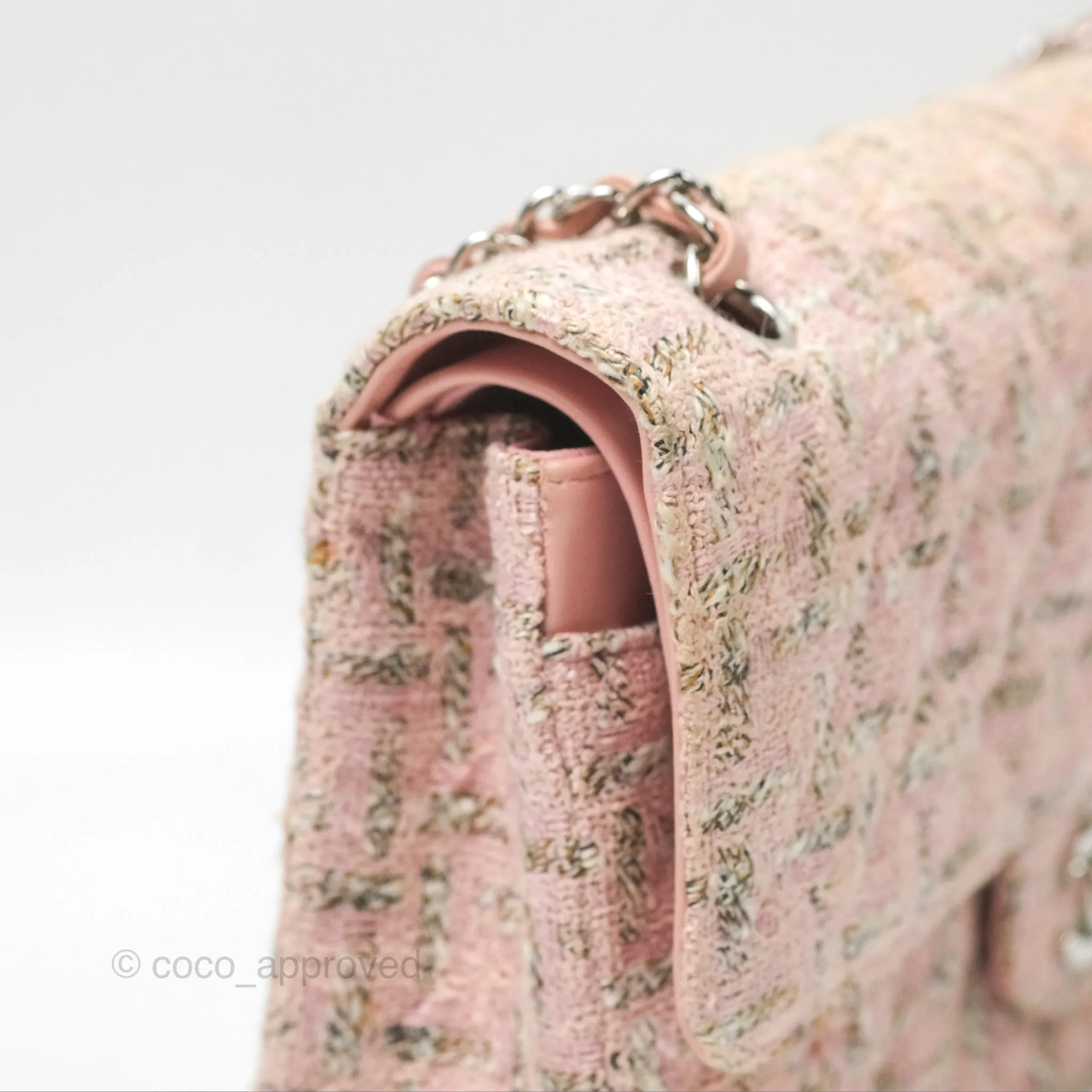 Chanel Classic M/L Medium Flap Quilted Pink Tweed Silver Hardware