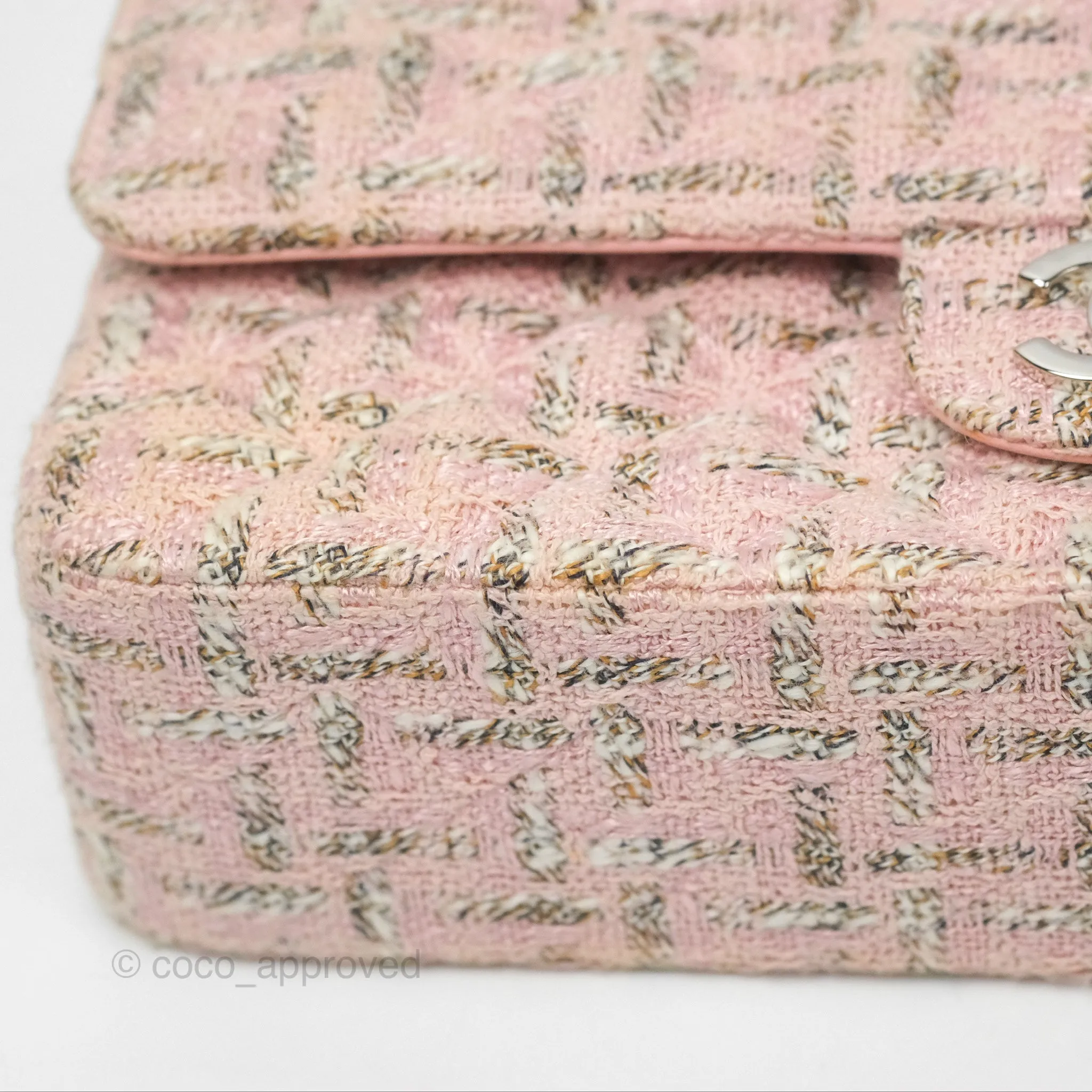 Chanel Classic M/L Medium Flap Quilted Pink Tweed Silver Hardware