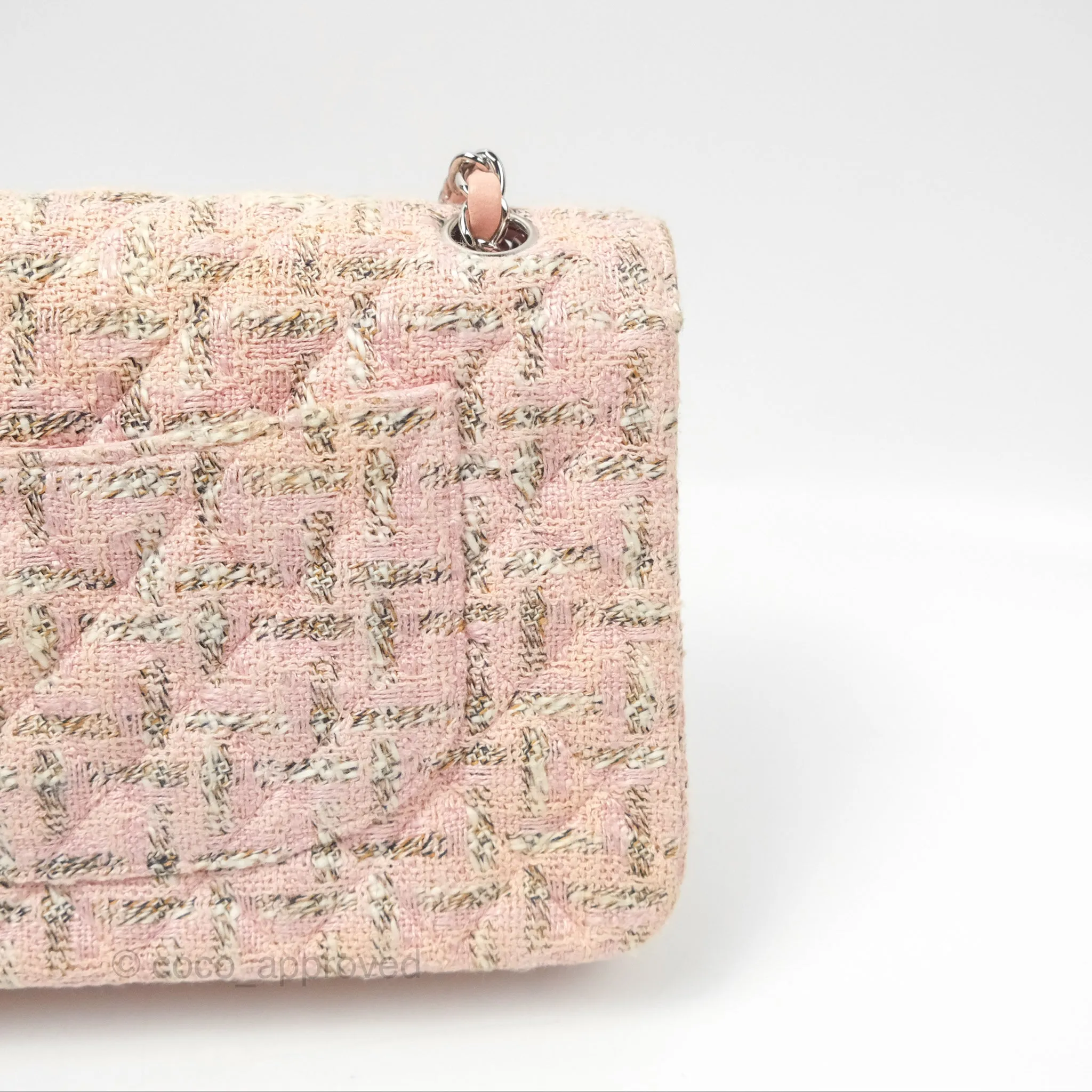 Chanel Classic M/L Medium Flap Quilted Pink Tweed Silver Hardware