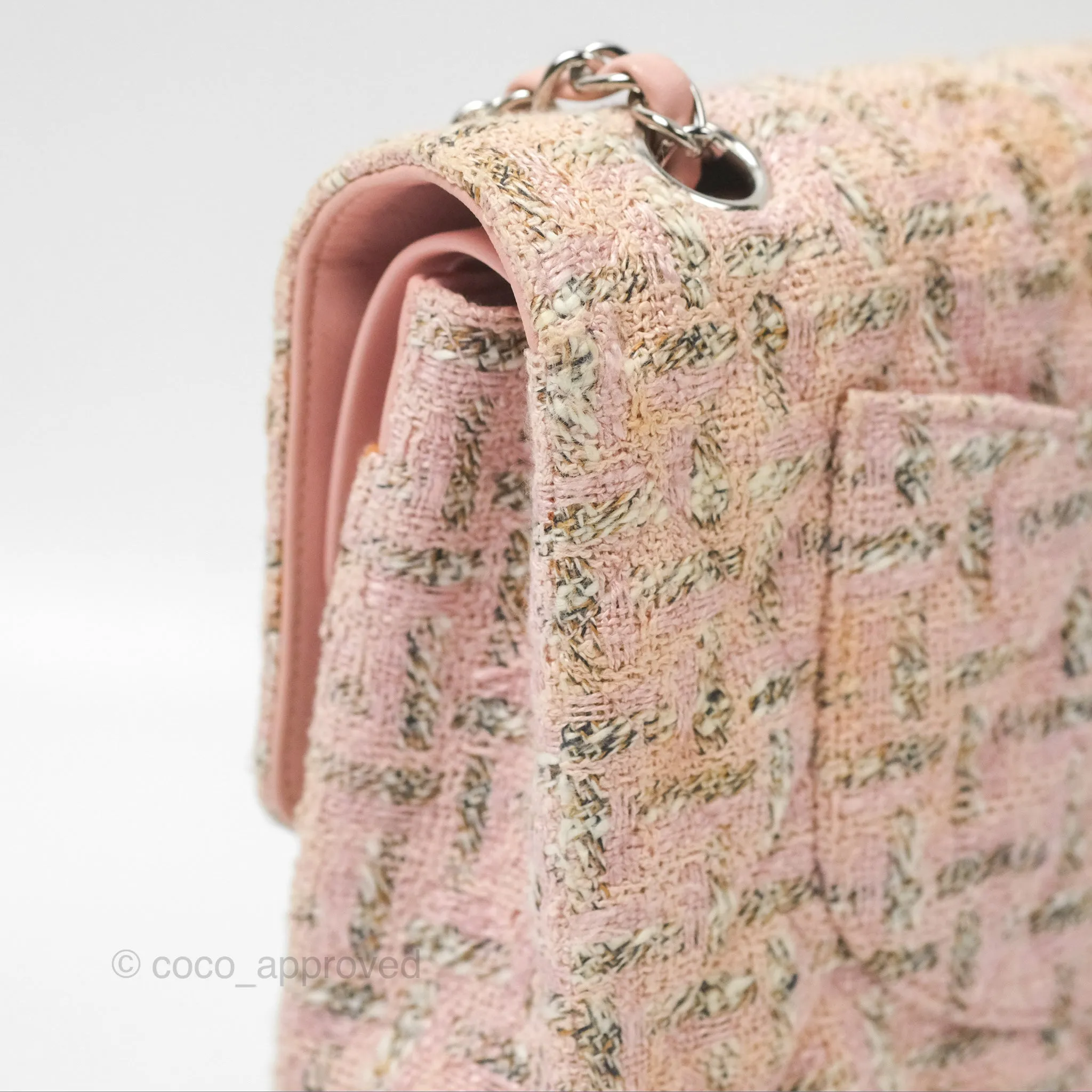 Chanel Classic M/L Medium Flap Quilted Pink Tweed Silver Hardware