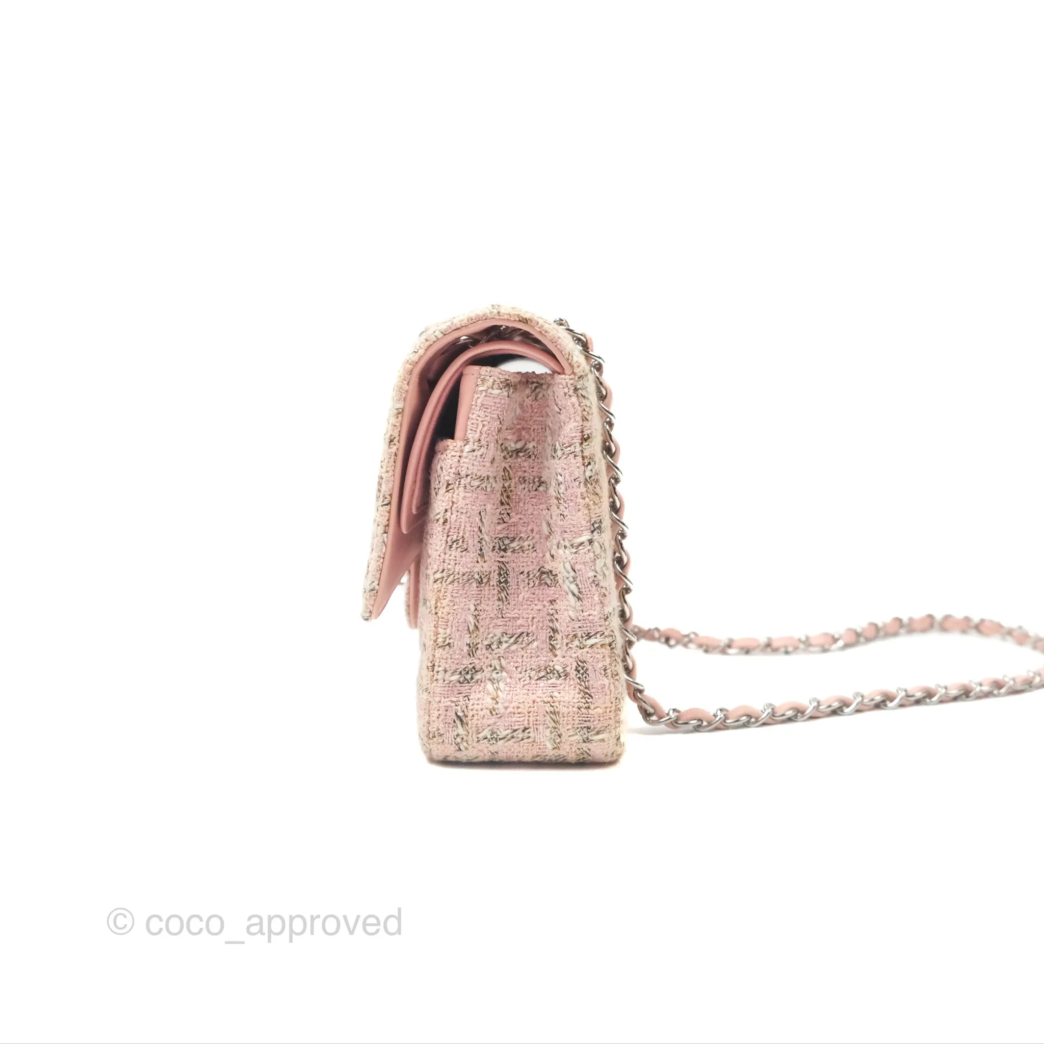 Chanel Classic M/L Medium Flap Quilted Pink Tweed Silver Hardware