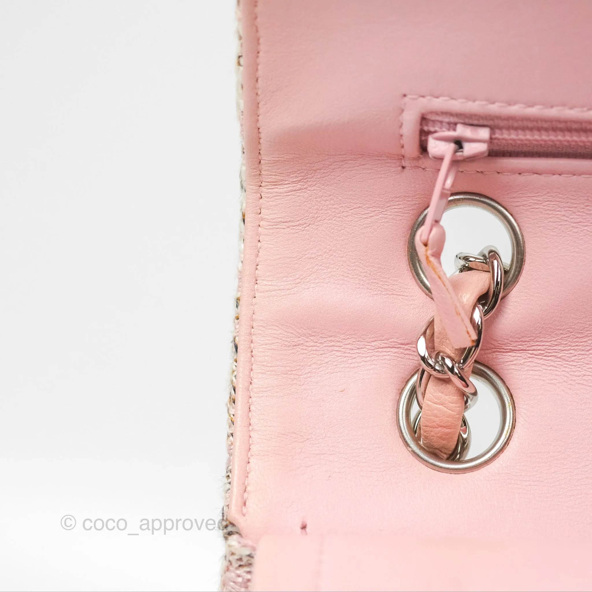 Chanel Classic M/L Medium Flap Quilted Pink Tweed Silver Hardware