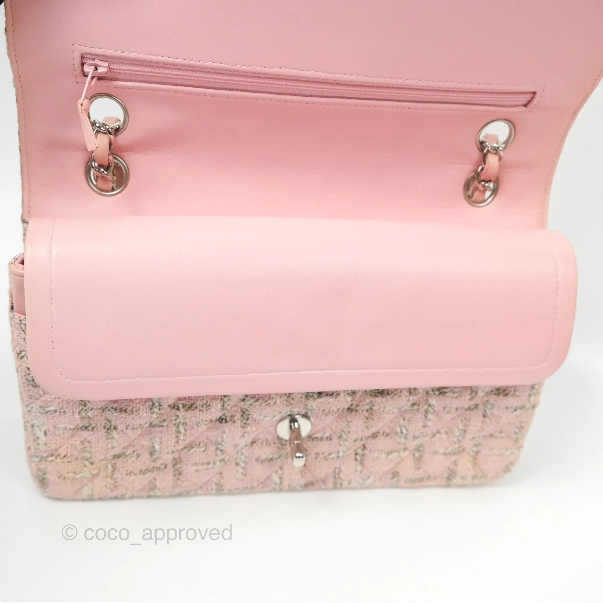 Chanel Classic M/L Medium Flap Quilted Pink Tweed Silver Hardware