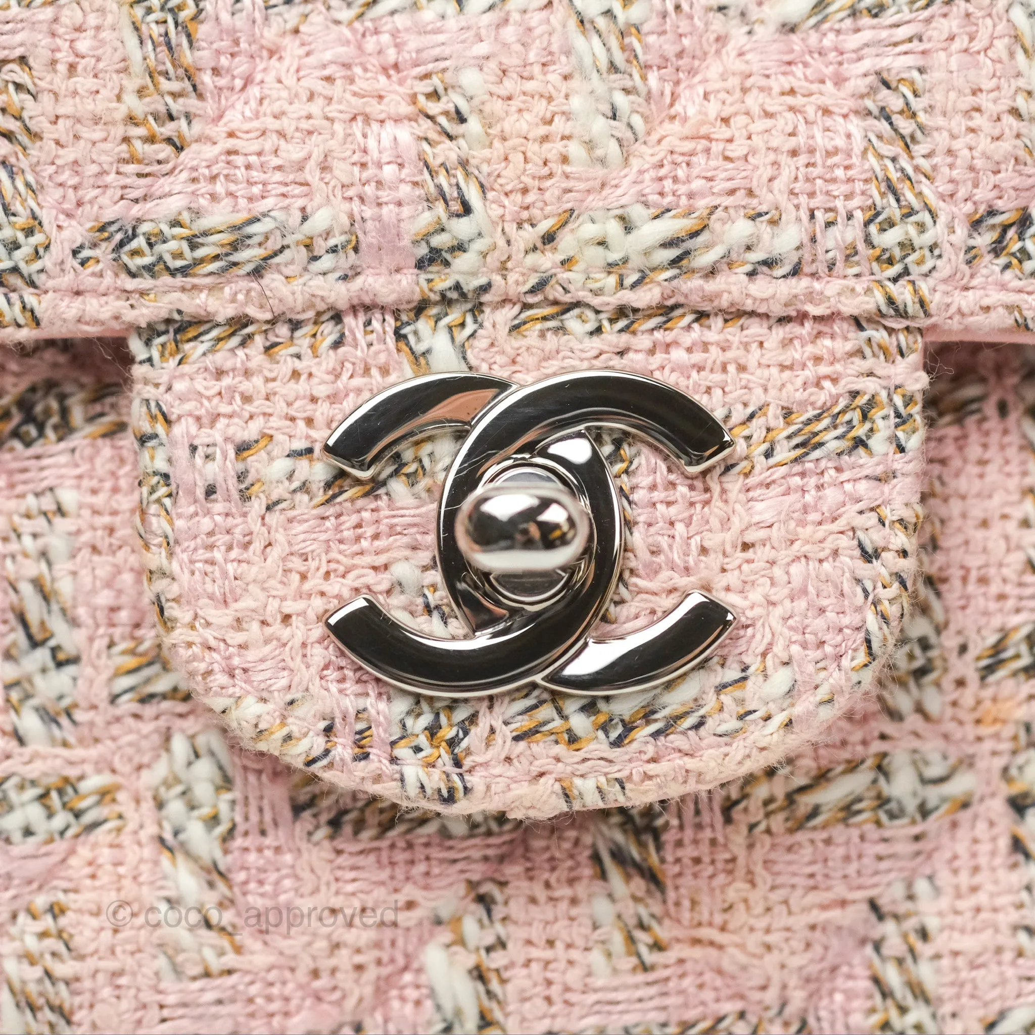 Chanel Classic M/L Medium Flap Quilted Pink Tweed Silver Hardware