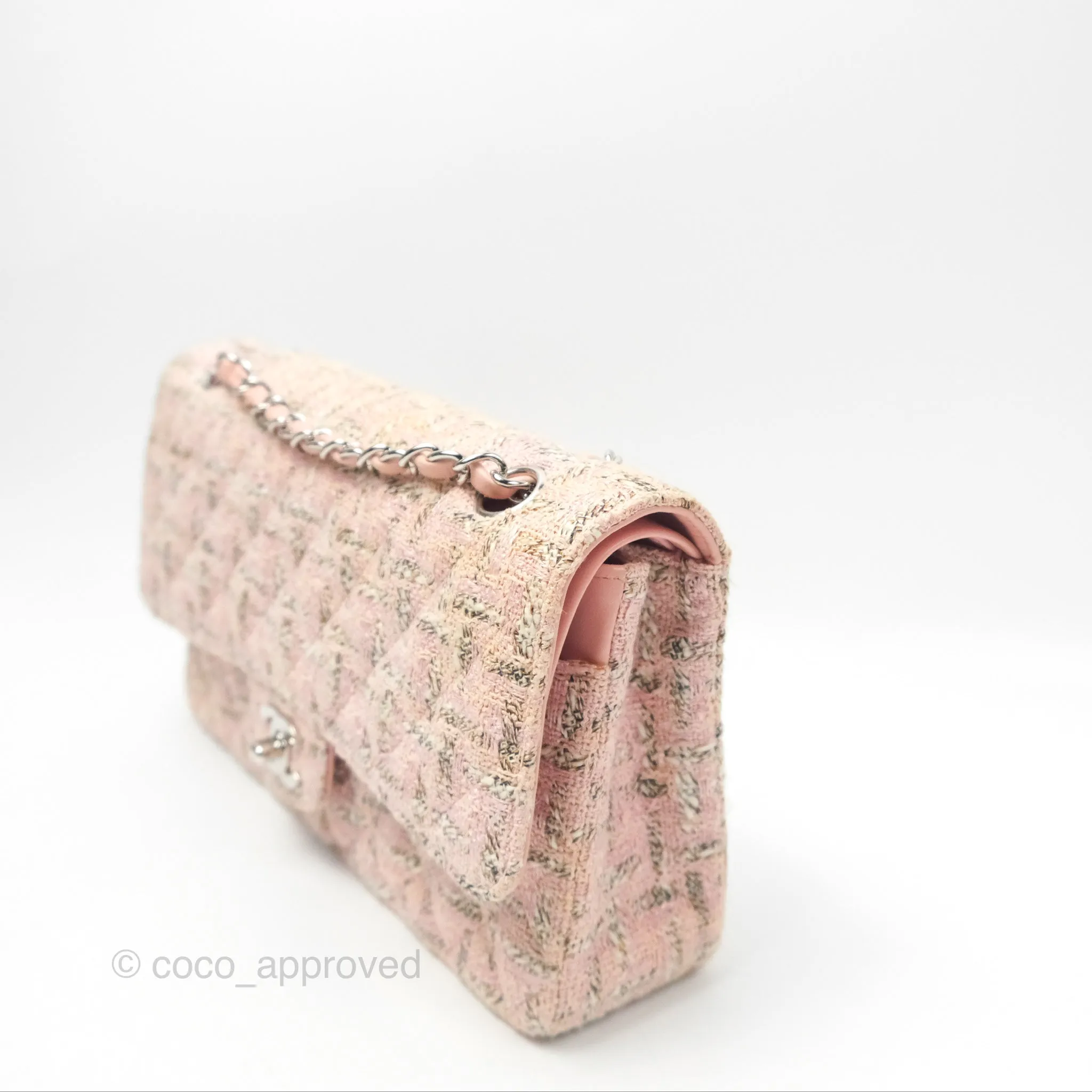 Chanel Classic M/L Medium Flap Quilted Pink Tweed Silver Hardware