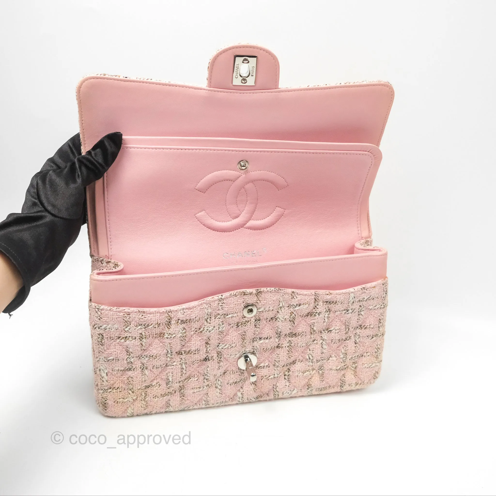 Chanel Classic M/L Medium Flap Quilted Pink Tweed Silver Hardware