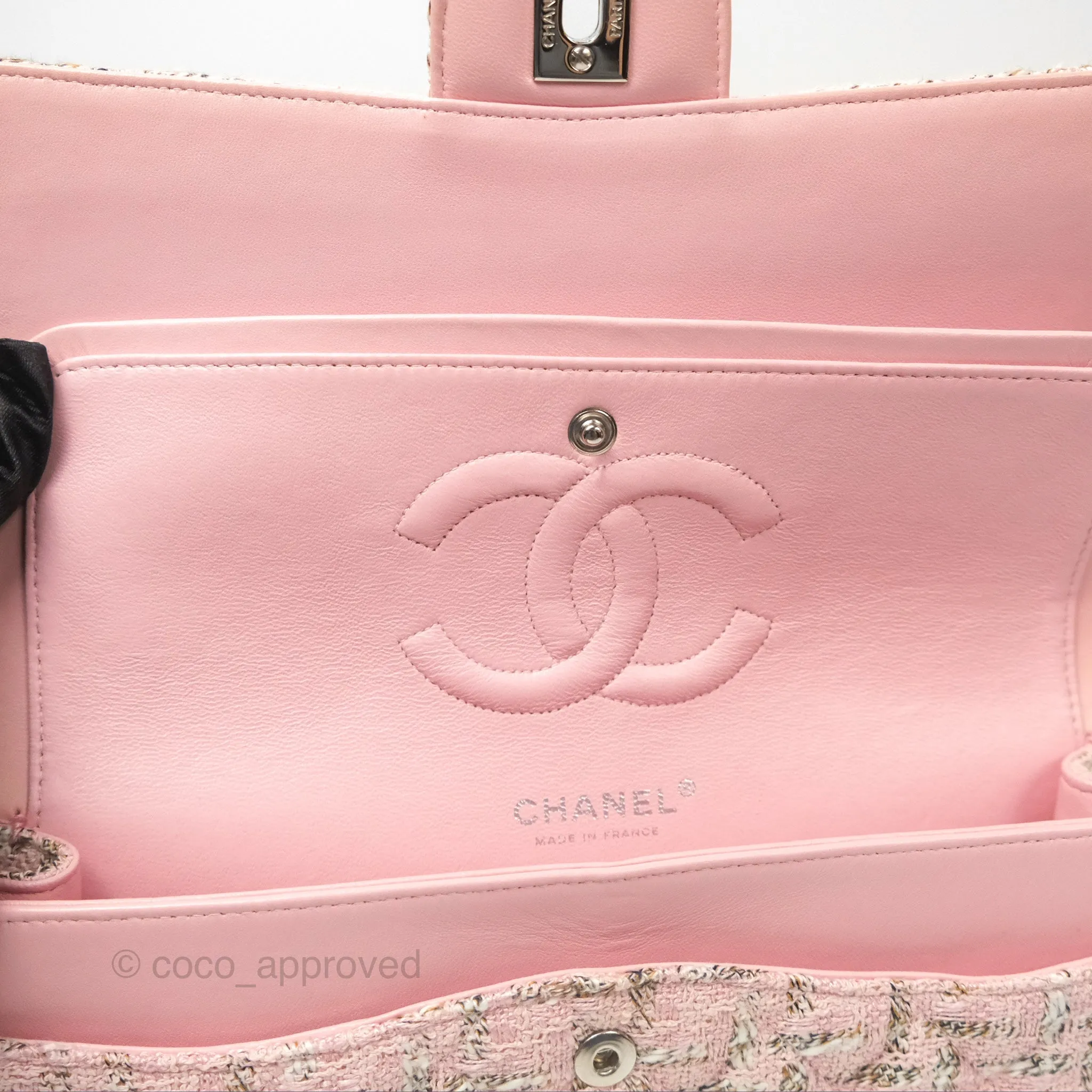 Chanel Classic M/L Medium Flap Quilted Pink Tweed Silver Hardware