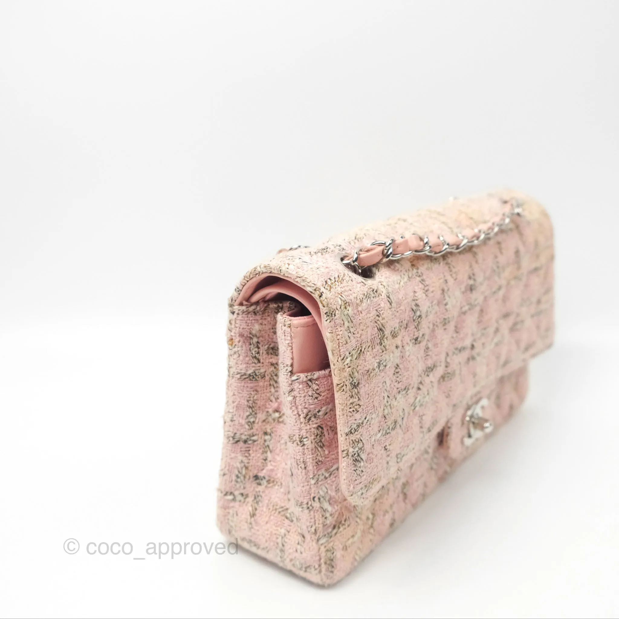 Chanel Classic M/L Medium Flap Quilted Pink Tweed Silver Hardware