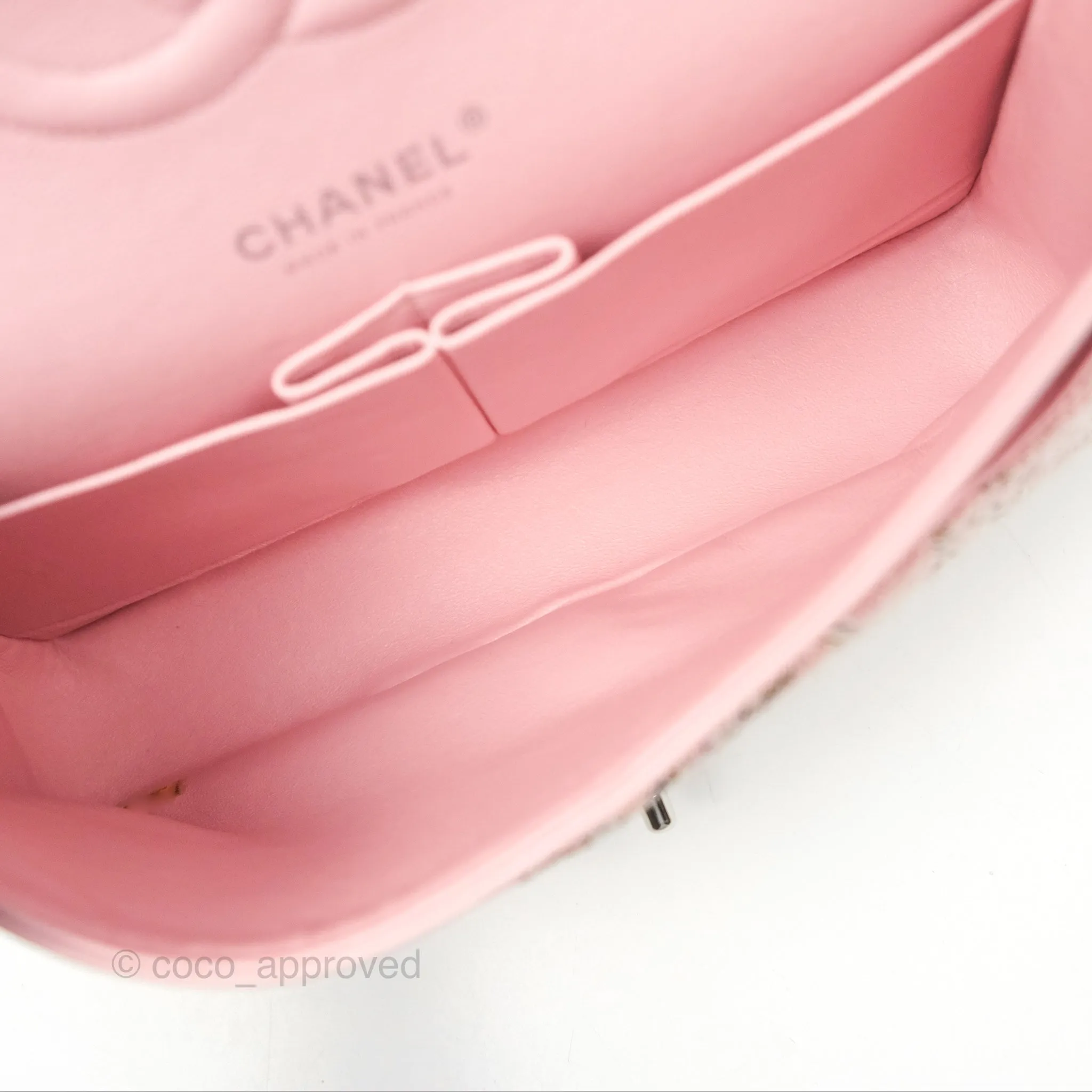 Chanel Classic M/L Medium Flap Quilted Pink Tweed Silver Hardware
