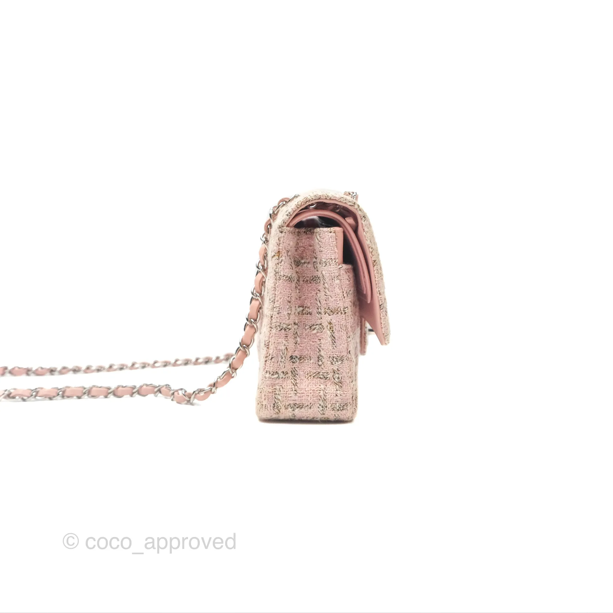 Chanel Classic M/L Medium Flap Quilted Pink Tweed Silver Hardware