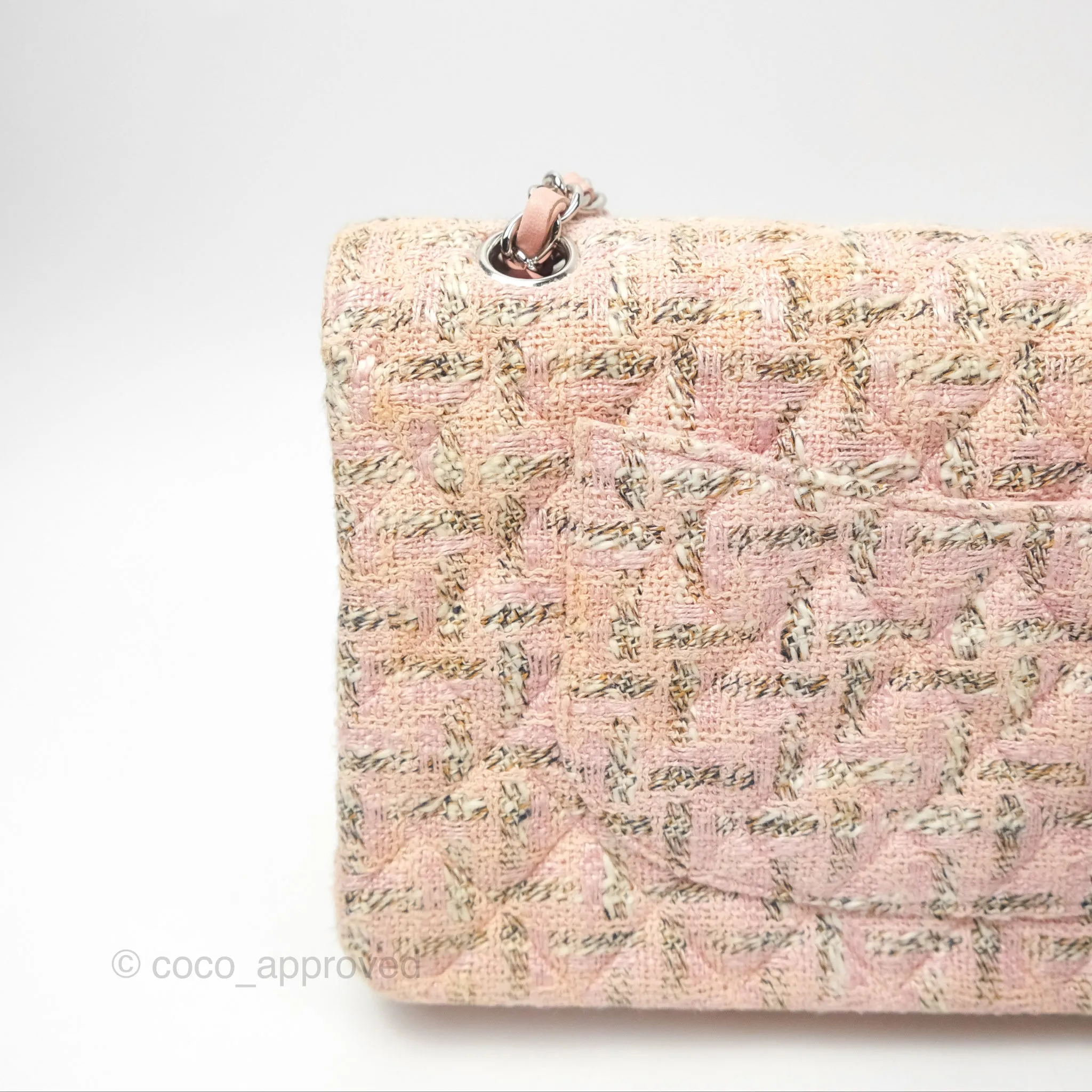 Chanel Classic M/L Medium Flap Quilted Pink Tweed Silver Hardware
