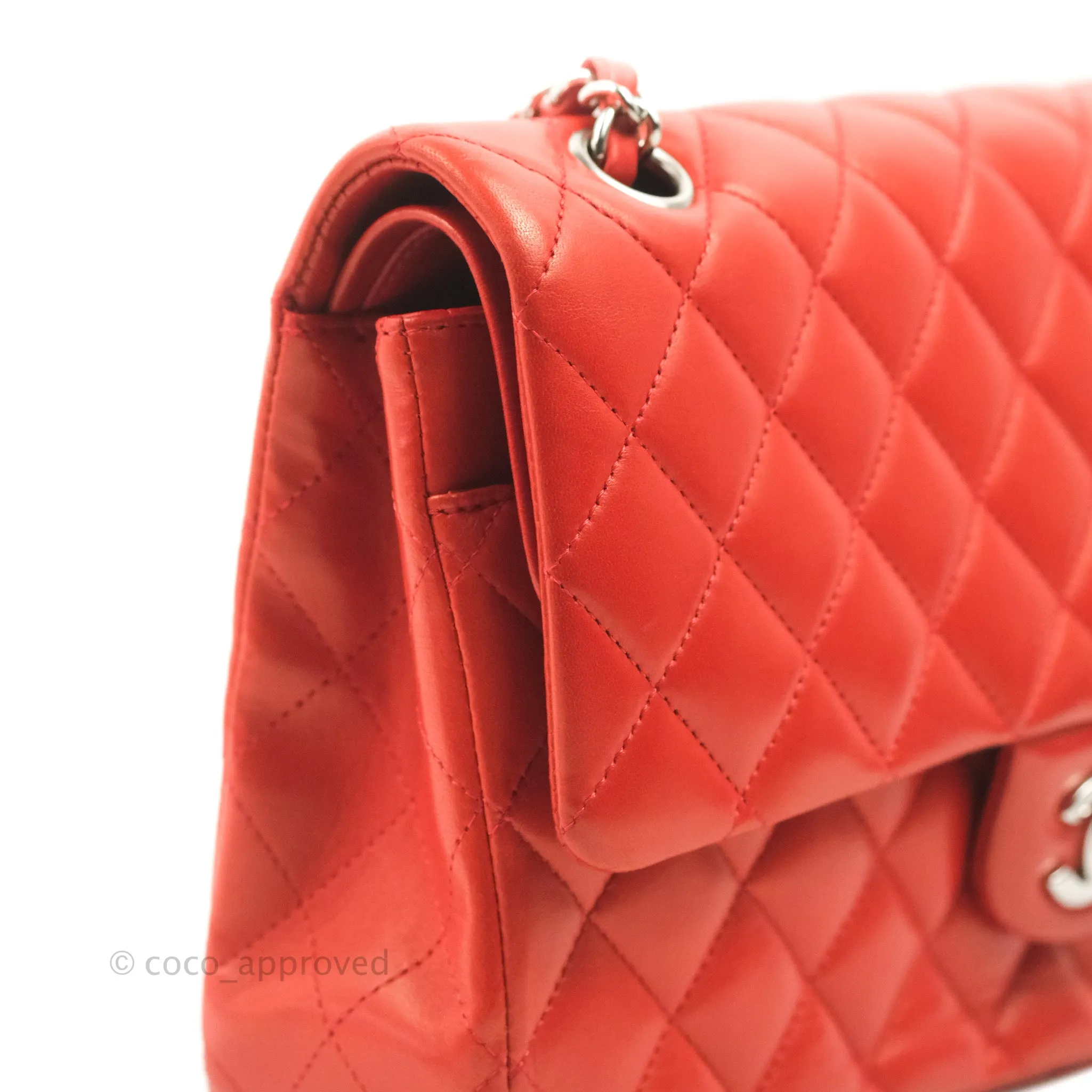 Chanel Classic M/L Medium Flap Quilted Poppy Red Lambskin Silver Hardware