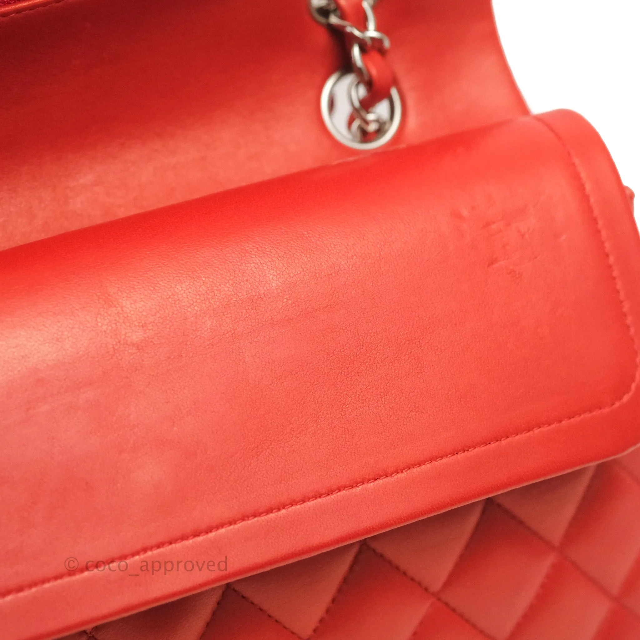 Chanel Classic M/L Medium Flap Quilted Poppy Red Lambskin Silver Hardware