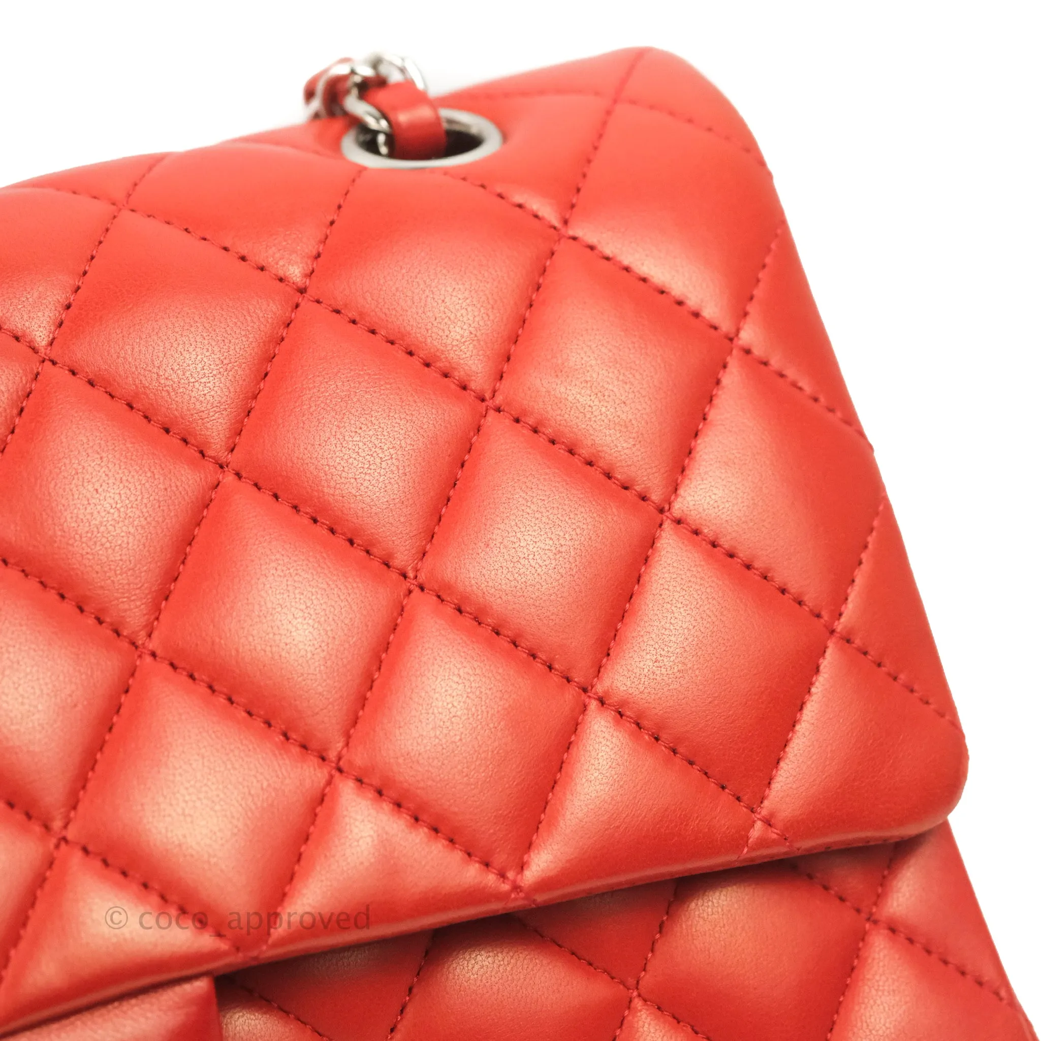 Chanel Classic M/L Medium Flap Quilted Poppy Red Lambskin Silver Hardware
