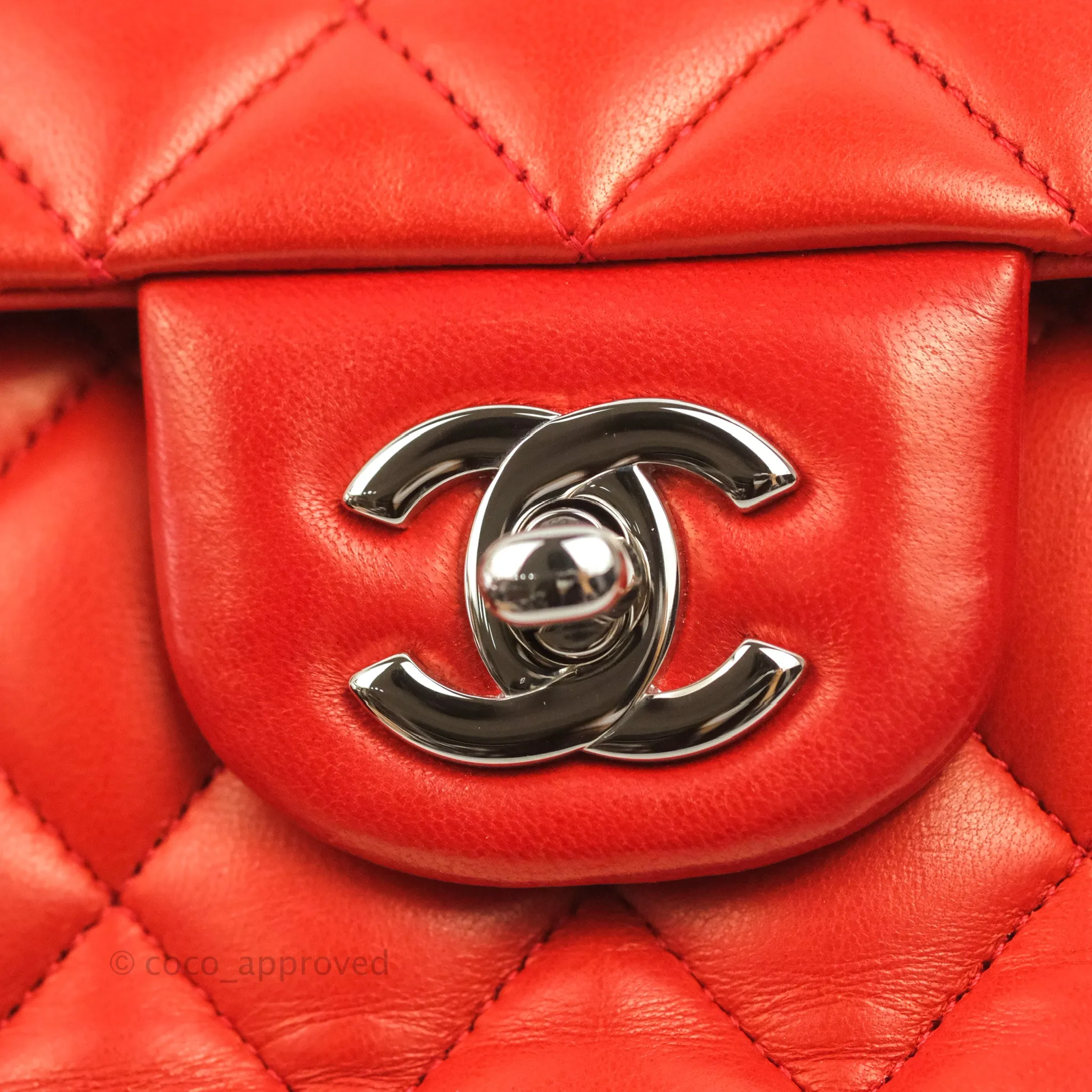 Chanel Classic M/L Medium Flap Quilted Poppy Red Lambskin Silver Hardware
