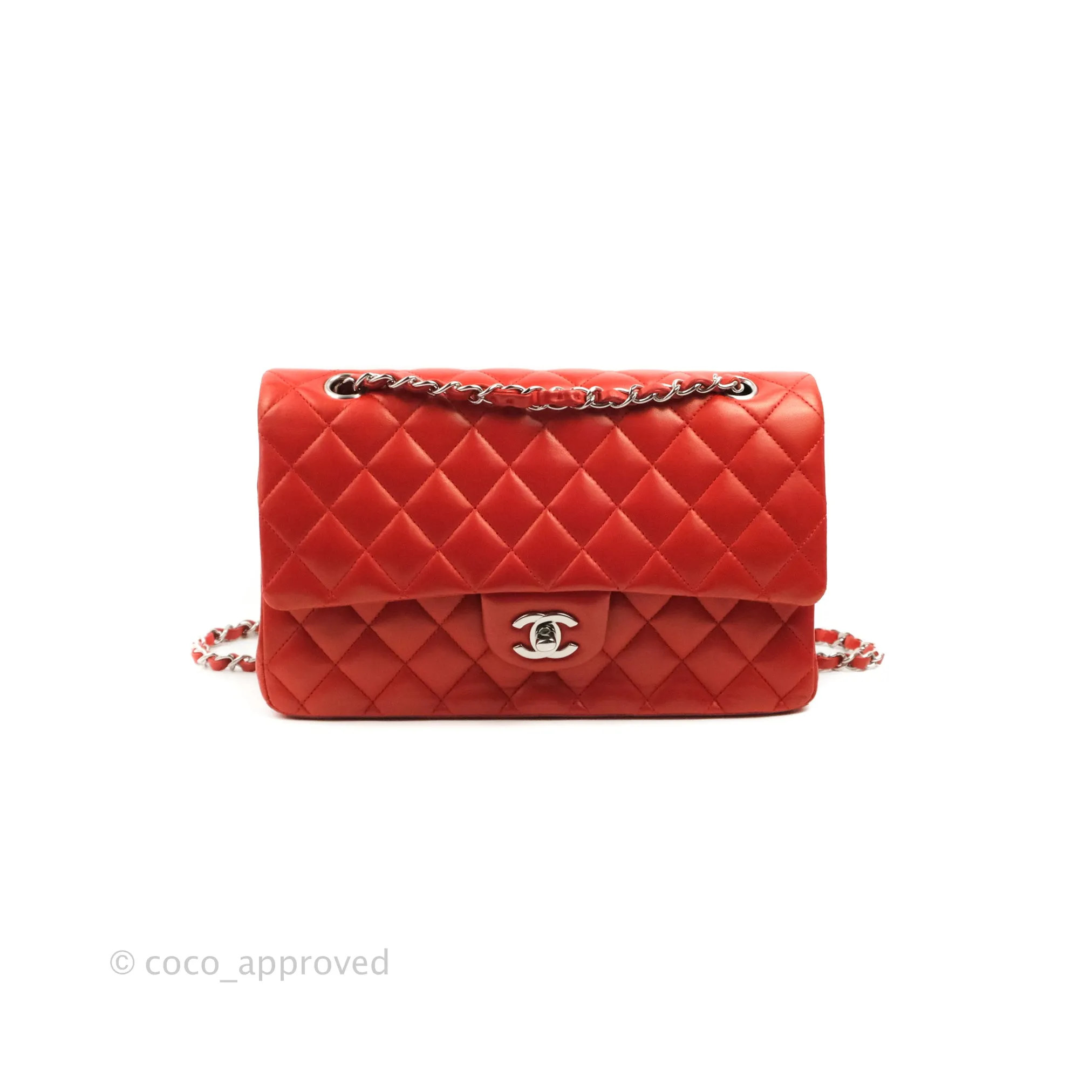 Chanel Classic M/L Medium Flap Quilted Poppy Red Lambskin Silver Hardware