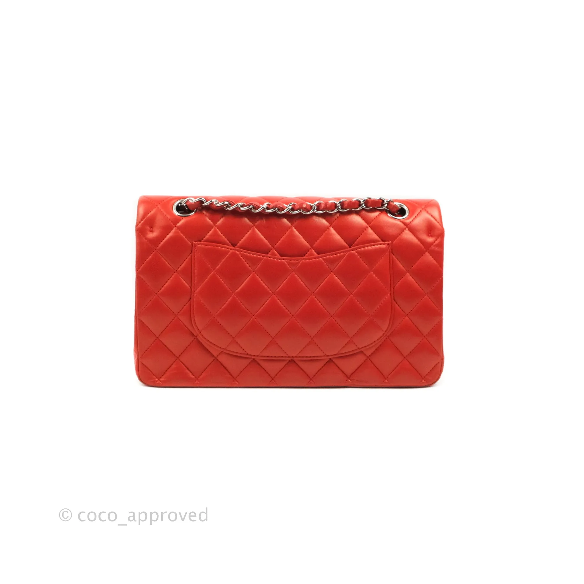 Chanel Classic M/L Medium Flap Quilted Poppy Red Lambskin Silver Hardware