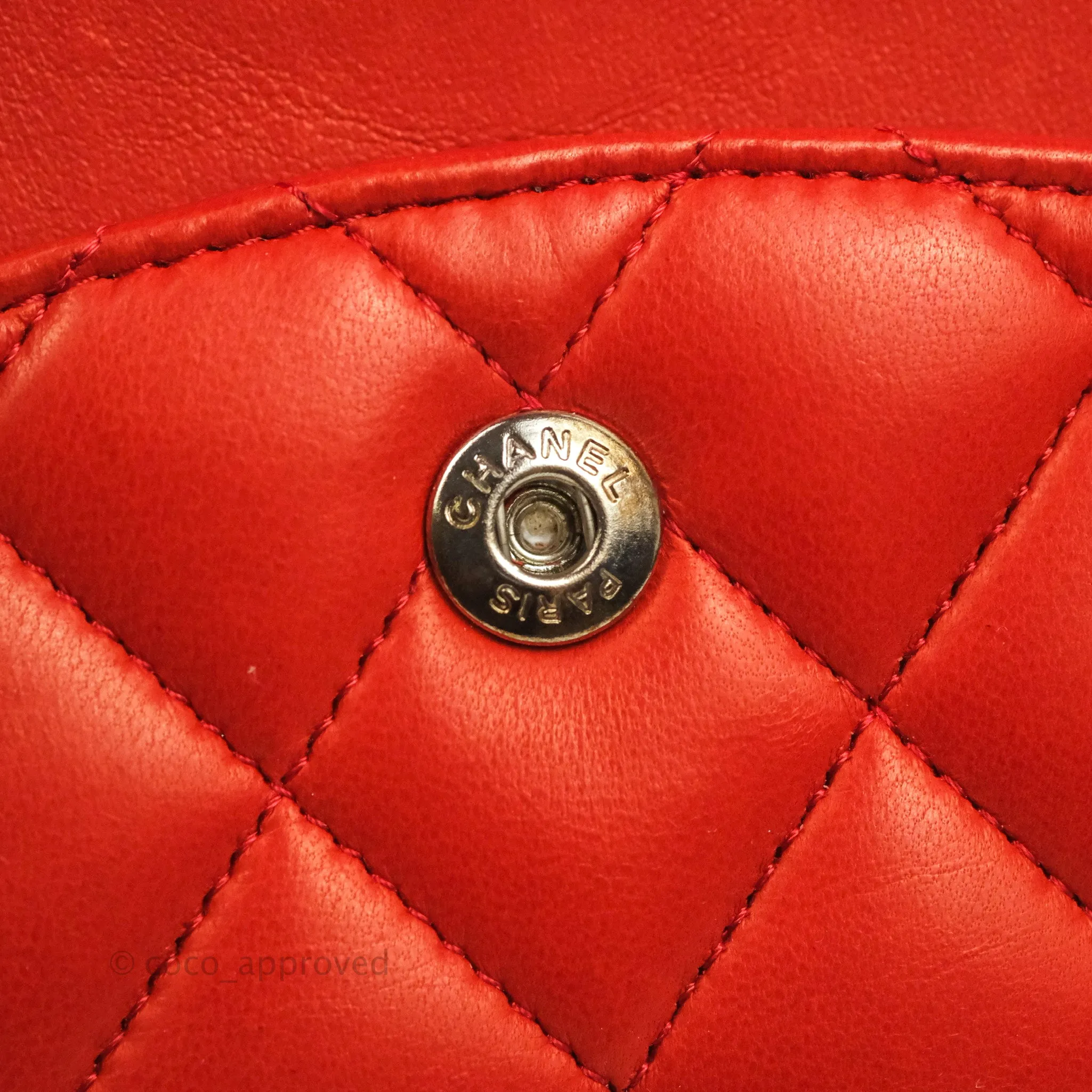 Chanel Classic M/L Medium Flap Quilted Poppy Red Lambskin Silver Hardware