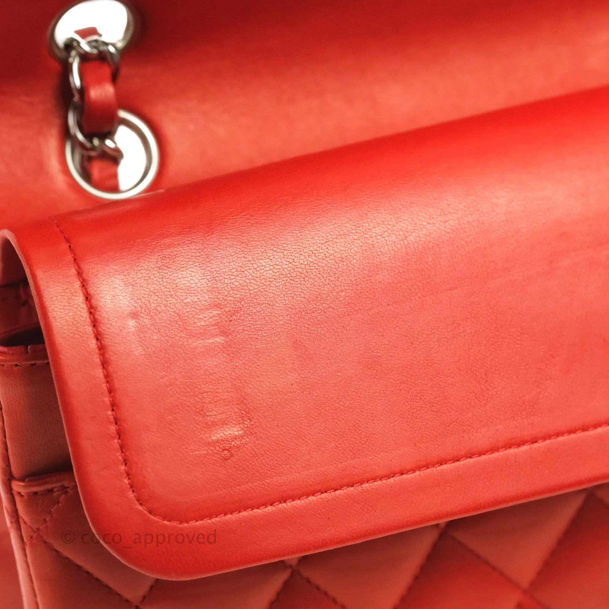 Chanel Classic M/L Medium Flap Quilted Poppy Red Lambskin Silver Hardware