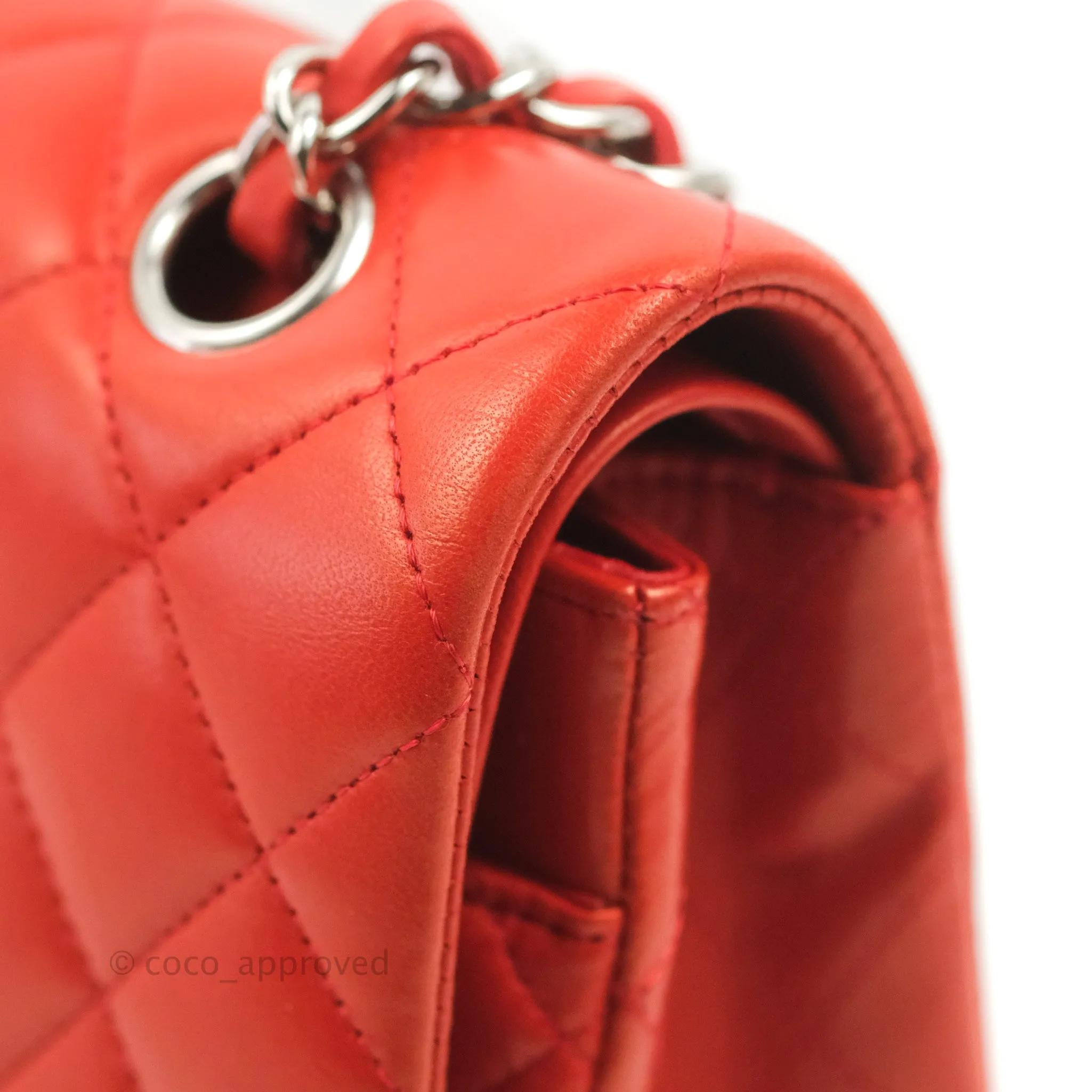 Chanel Classic M/L Medium Flap Quilted Poppy Red Lambskin Silver Hardware