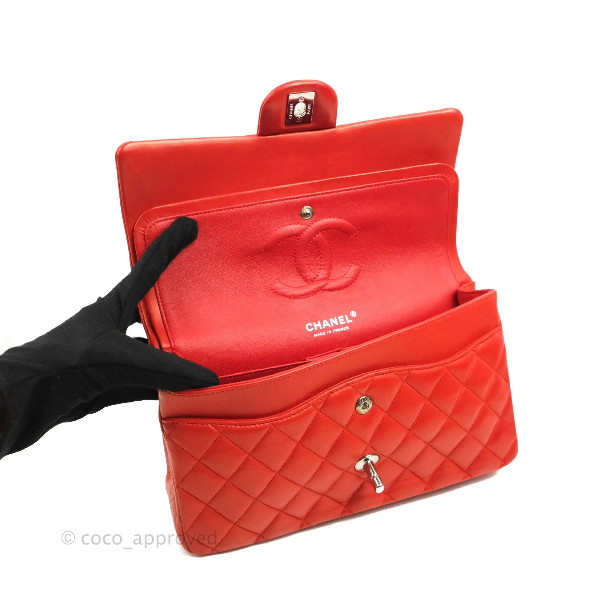 Chanel Classic M/L Medium Flap Quilted Poppy Red Lambskin Silver Hardware