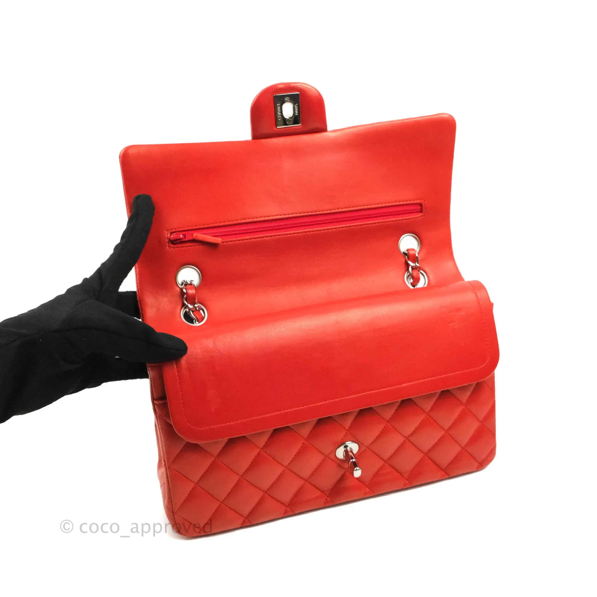 Chanel Classic M/L Medium Flap Quilted Poppy Red Lambskin Silver Hardware