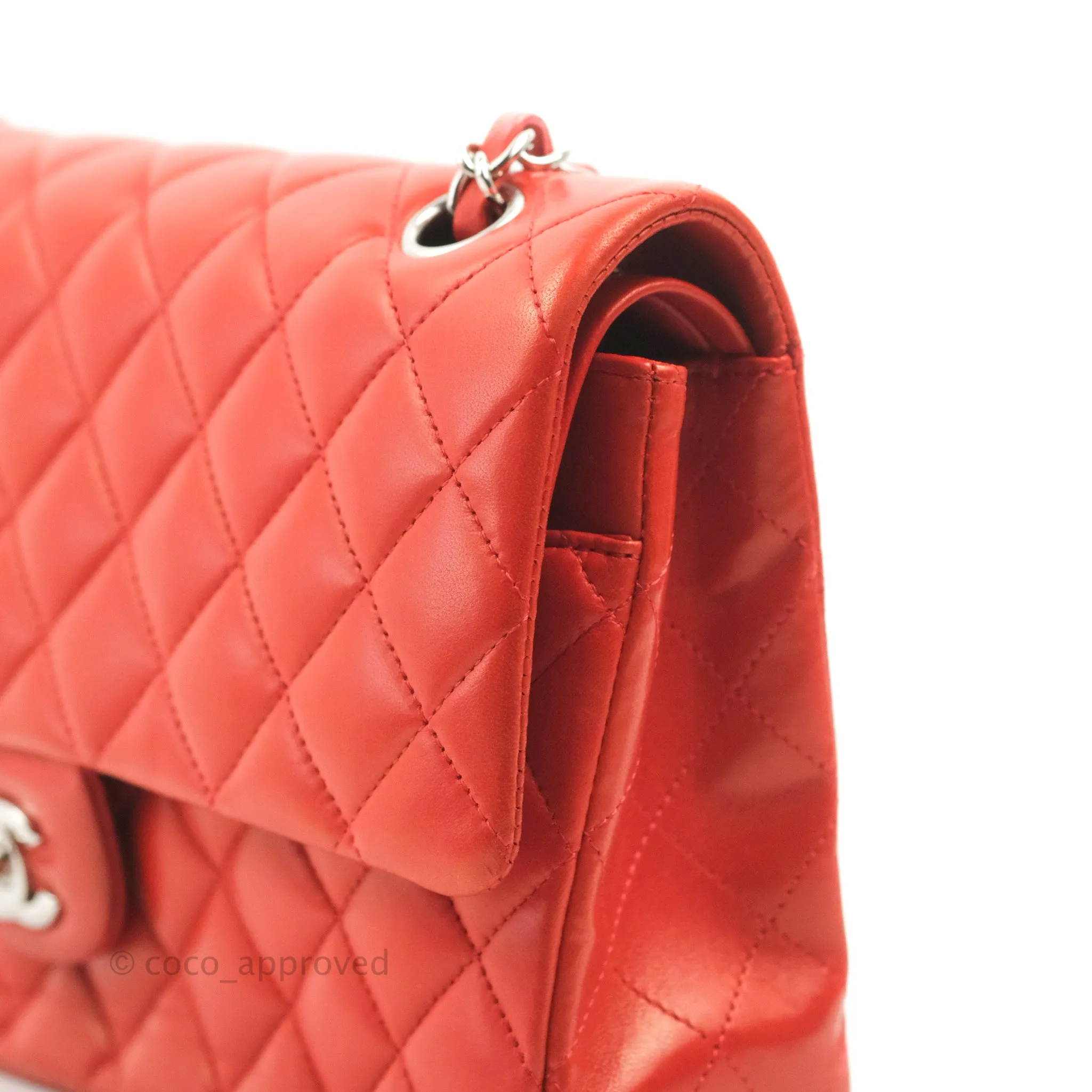 Chanel Classic M/L Medium Flap Quilted Poppy Red Lambskin Silver Hardware