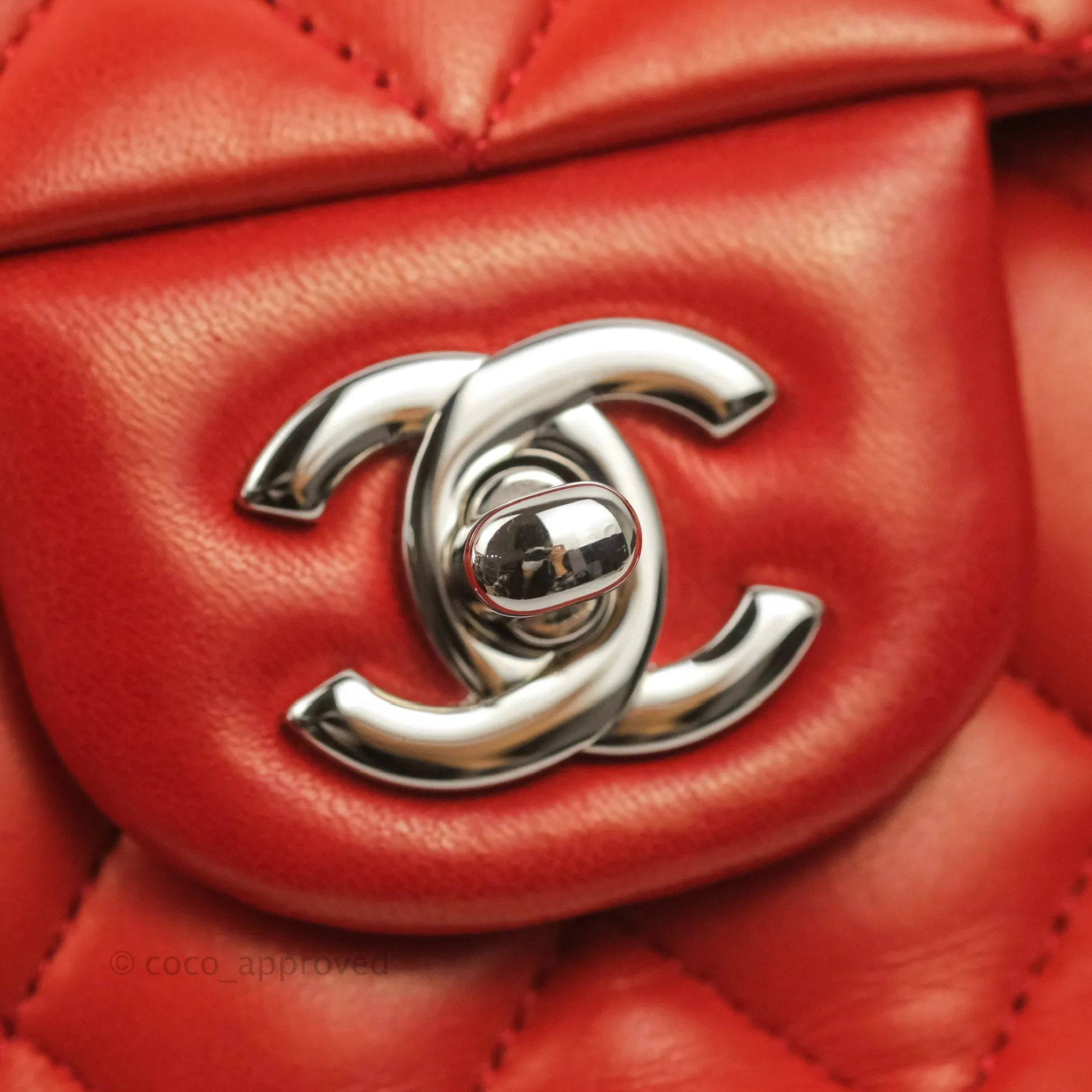 Chanel Classic M/L Medium Flap Quilted Poppy Red Lambskin Silver Hardware