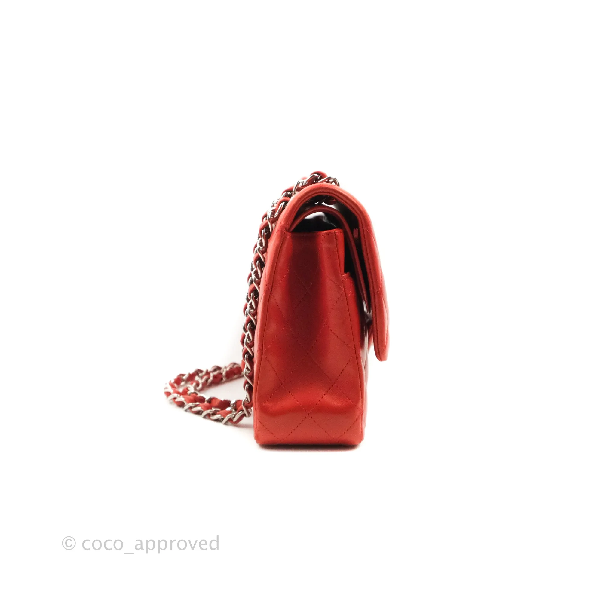 Chanel Classic M/L Medium Flap Quilted Poppy Red Lambskin Silver Hardware