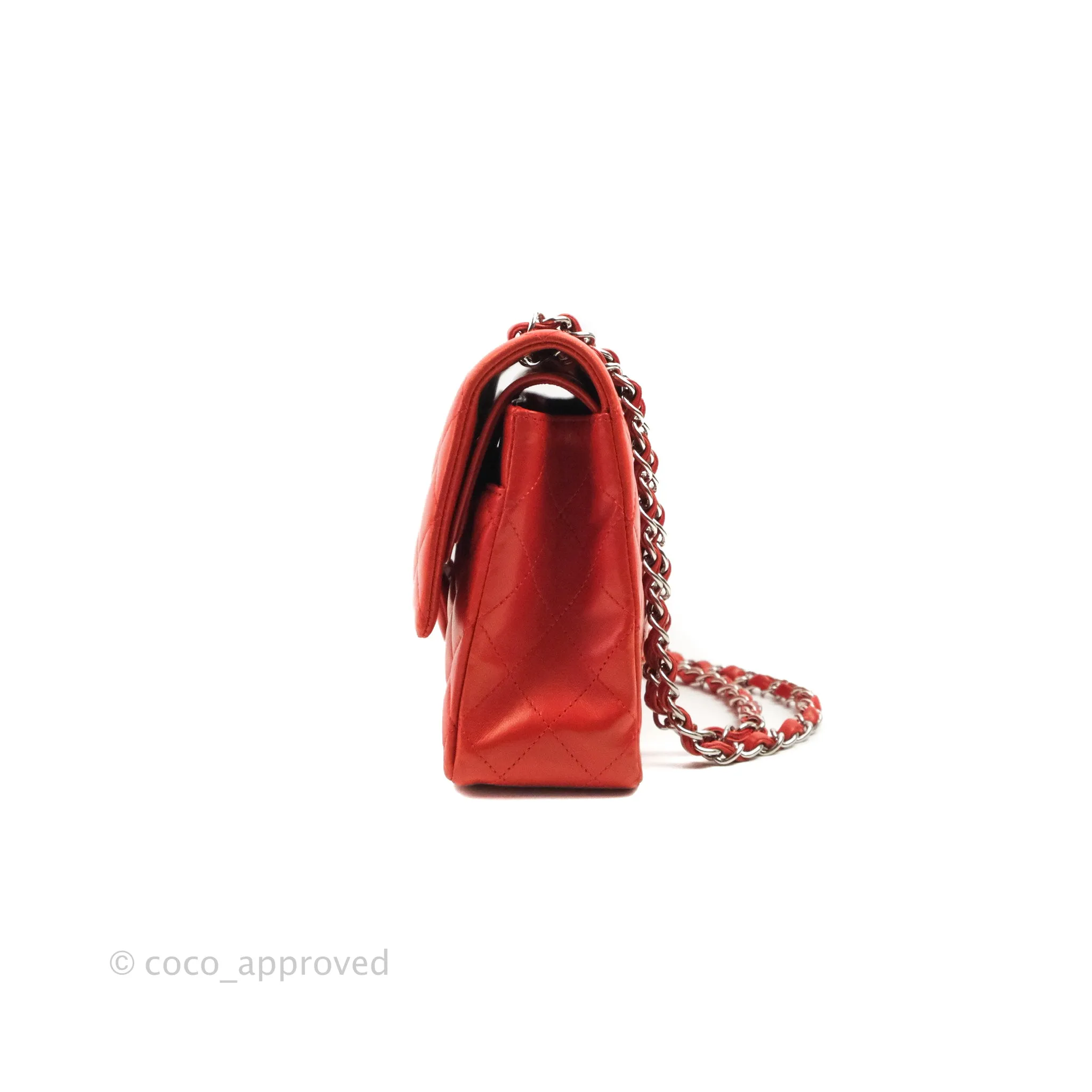 Chanel Classic M/L Medium Flap Quilted Poppy Red Lambskin Silver Hardware