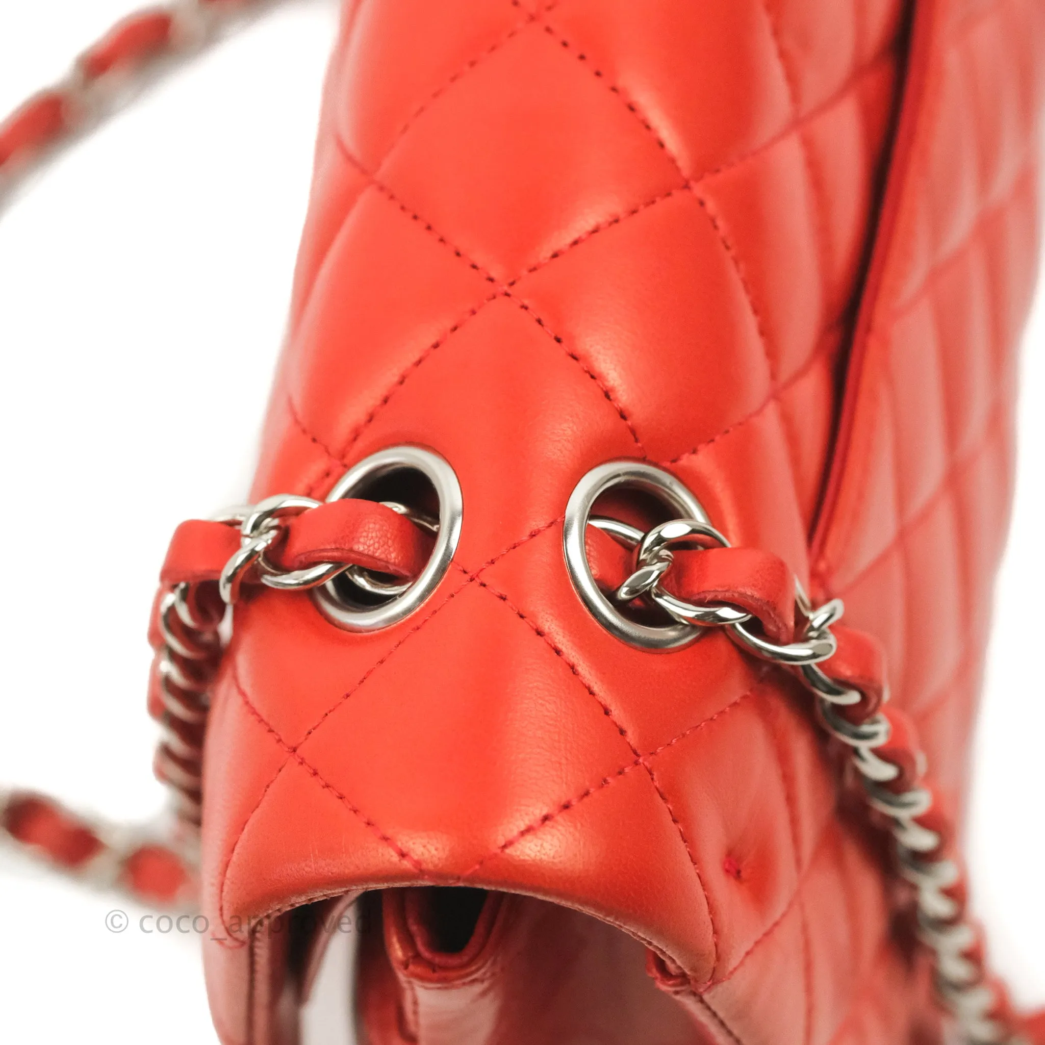 Chanel Classic M/L Medium Flap Quilted Poppy Red Lambskin Silver Hardware