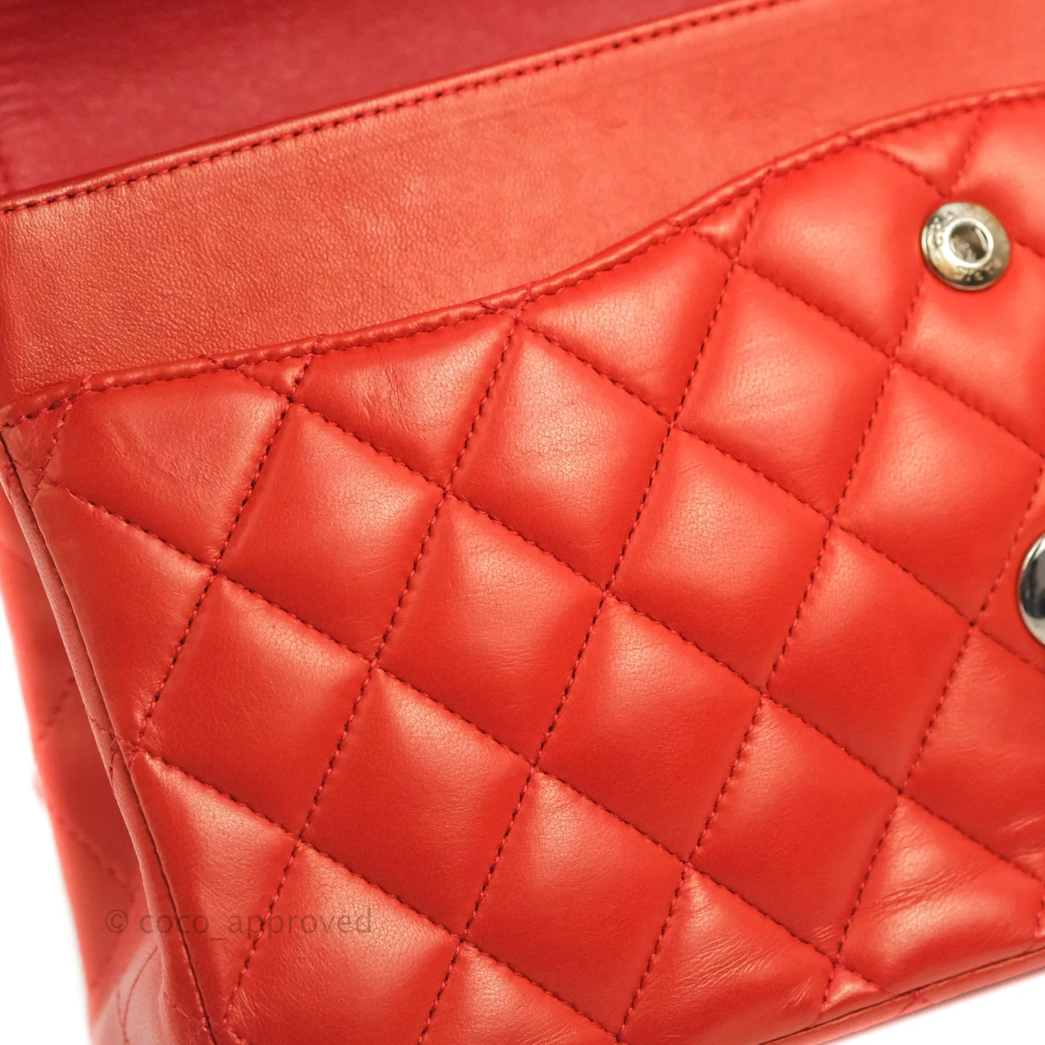 Chanel Classic M/L Medium Flap Quilted Poppy Red Lambskin Silver Hardware