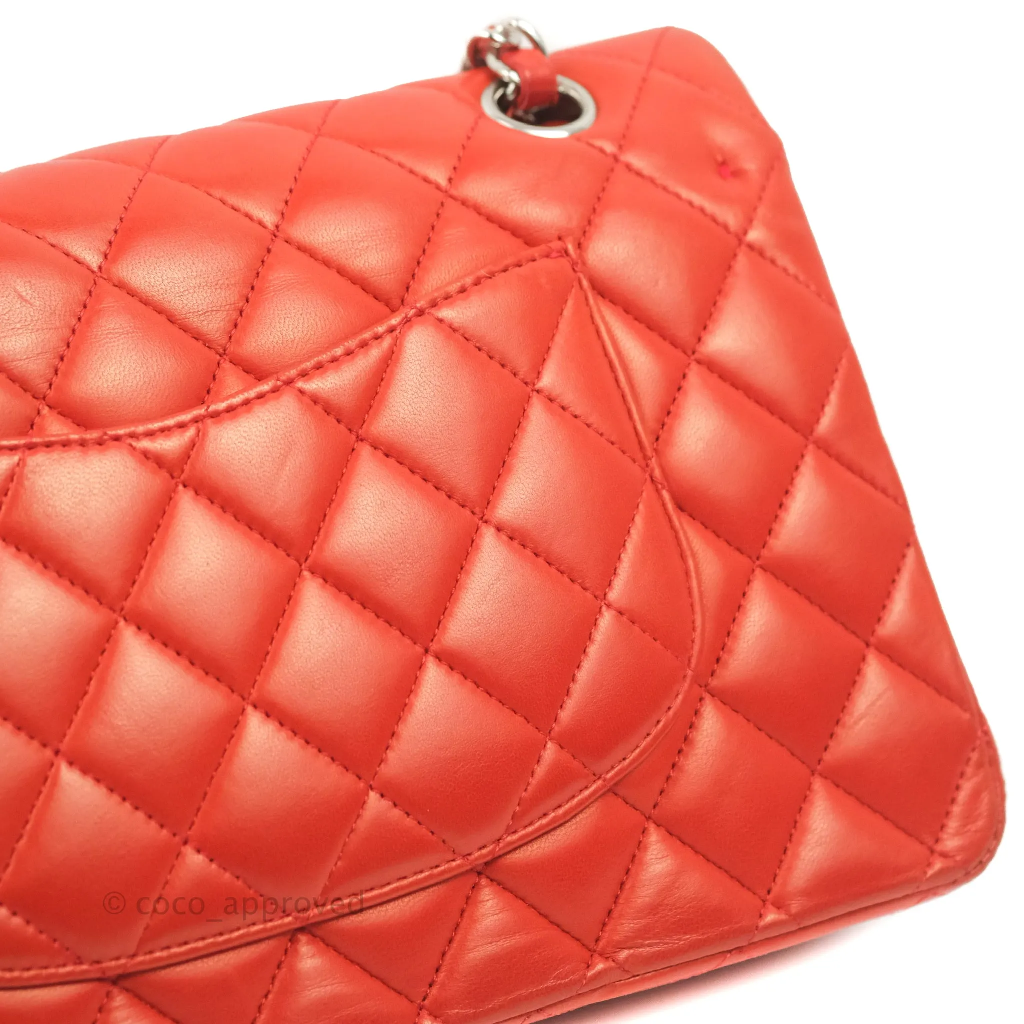 Chanel Classic M/L Medium Flap Quilted Poppy Red Lambskin Silver Hardware