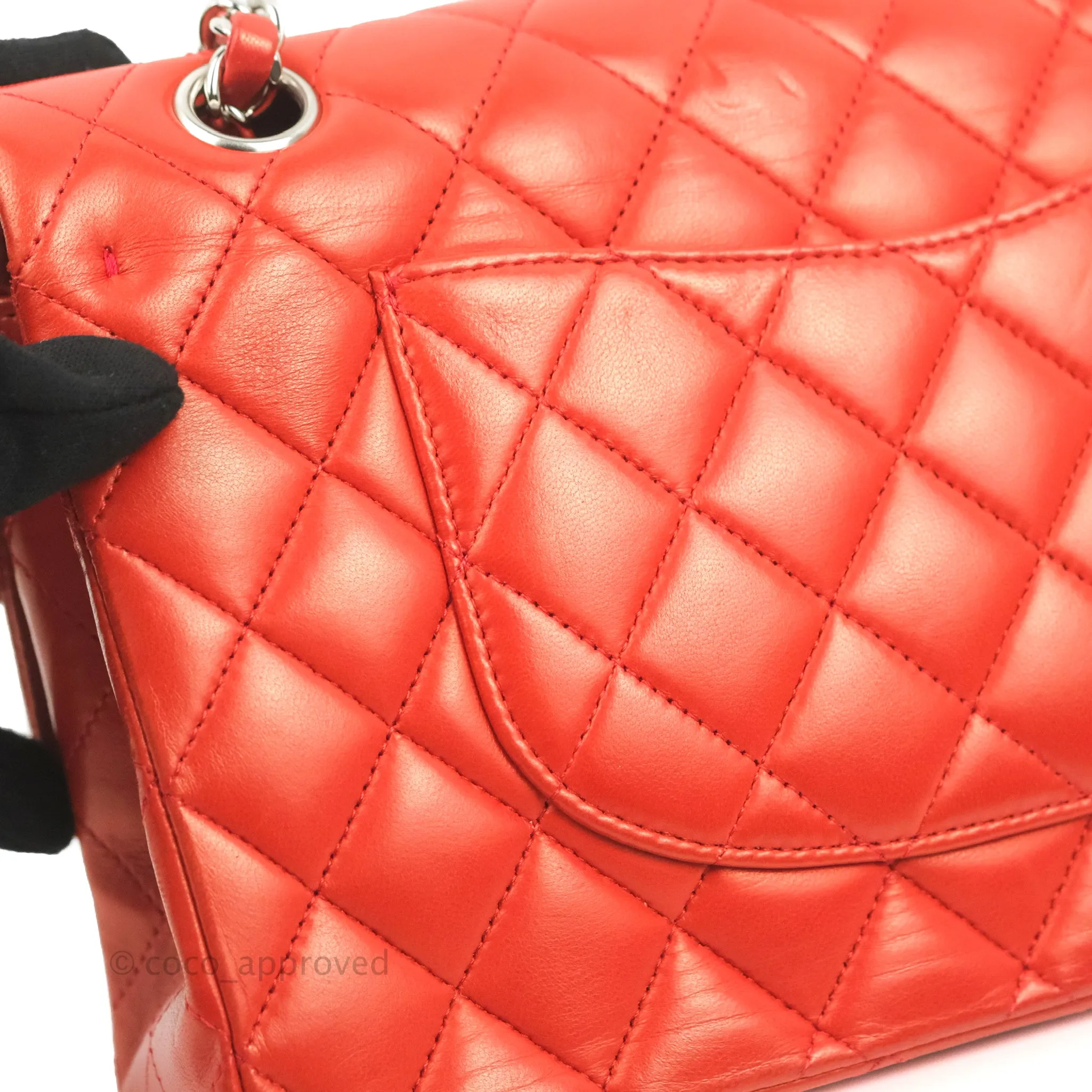 Chanel Classic M/L Medium Flap Quilted Poppy Red Lambskin Silver Hardware
