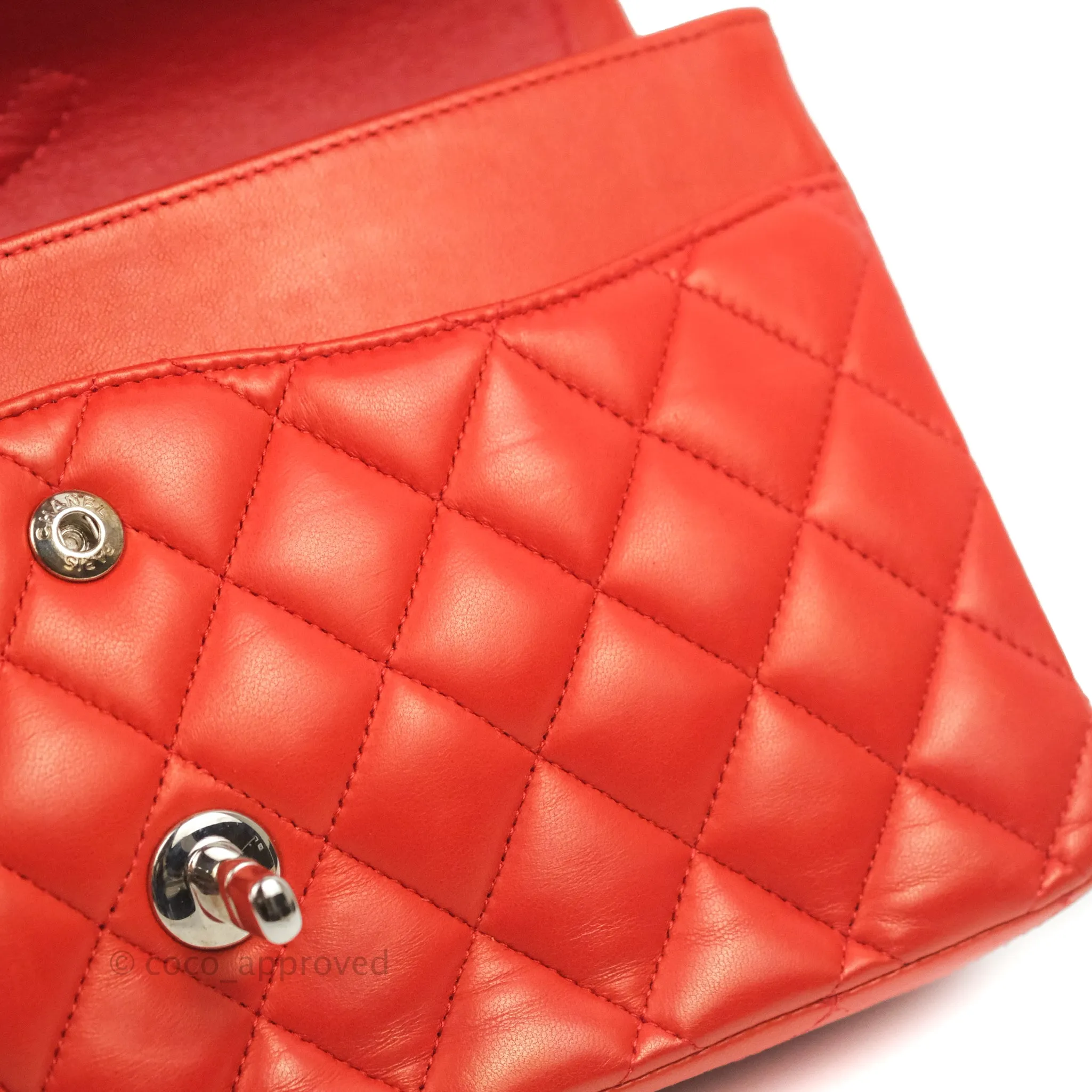 Chanel Classic M/L Medium Flap Quilted Poppy Red Lambskin Silver Hardware