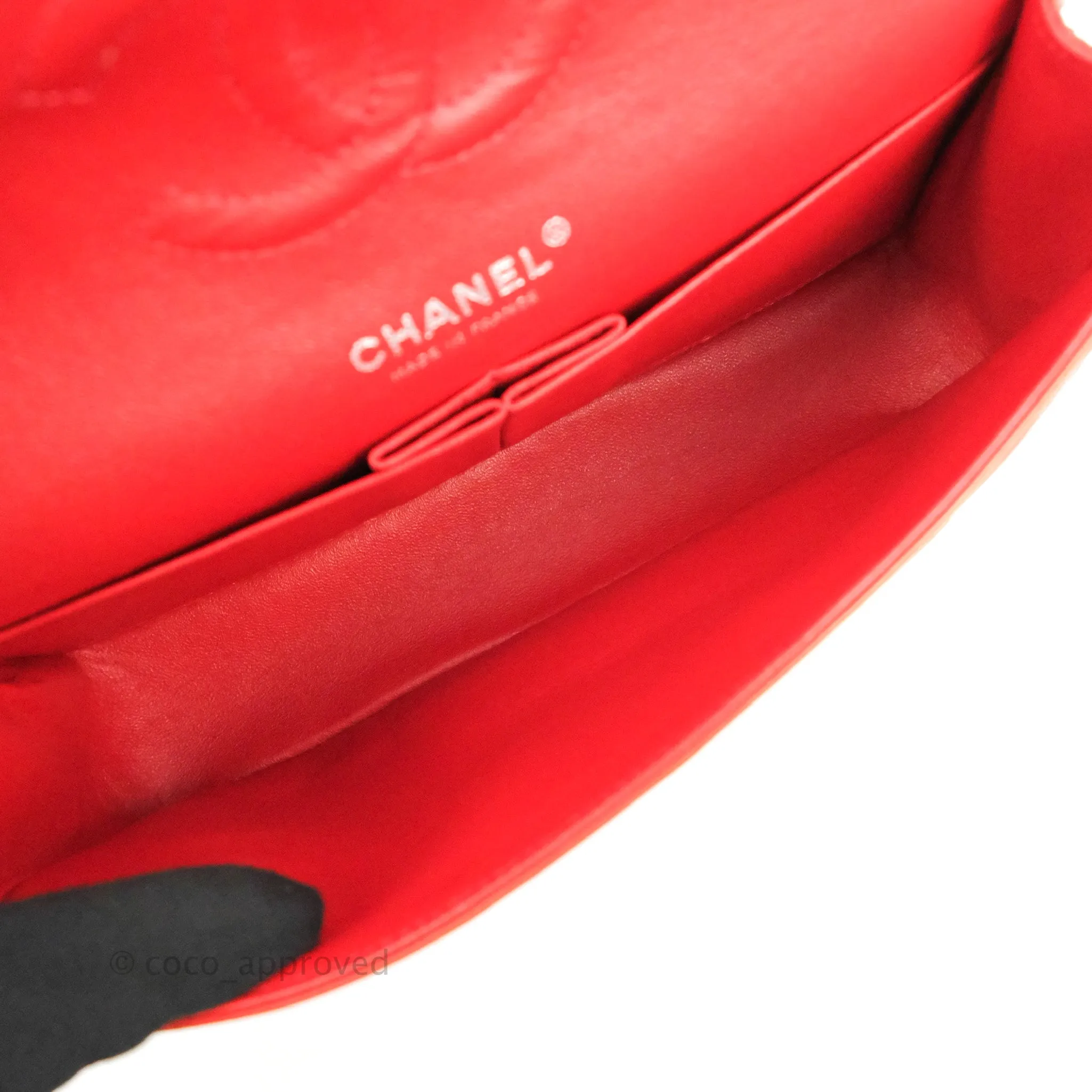 Chanel Classic M/L Medium Flap Quilted Poppy Red Lambskin Silver Hardware