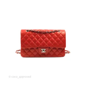 Chanel Classic M/L Medium Flap Quilted Poppy Red Lambskin Silver Hardware