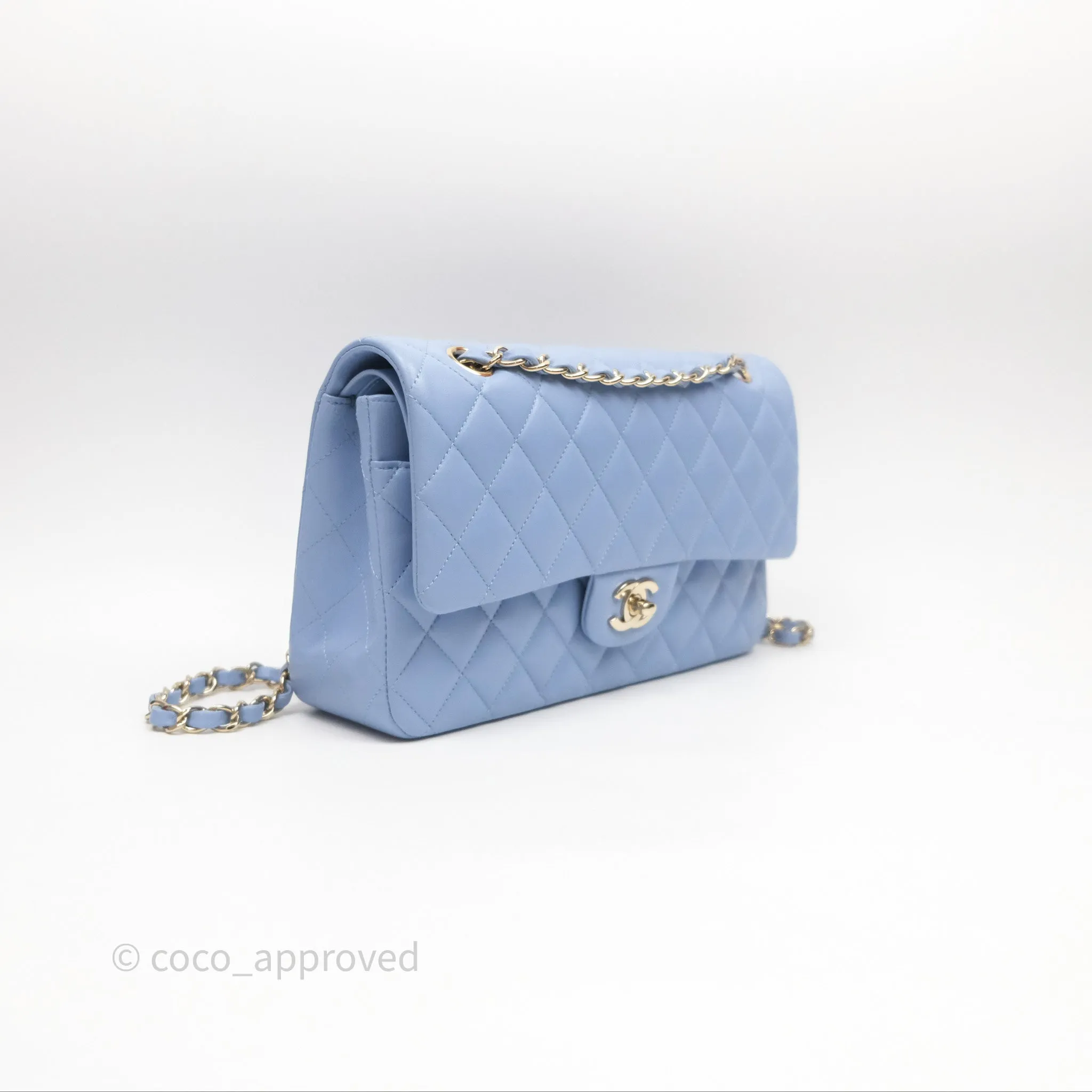 Chanel Classic M/L Medium Flap Quilted Sky Blue Lambskin Gold Hardware