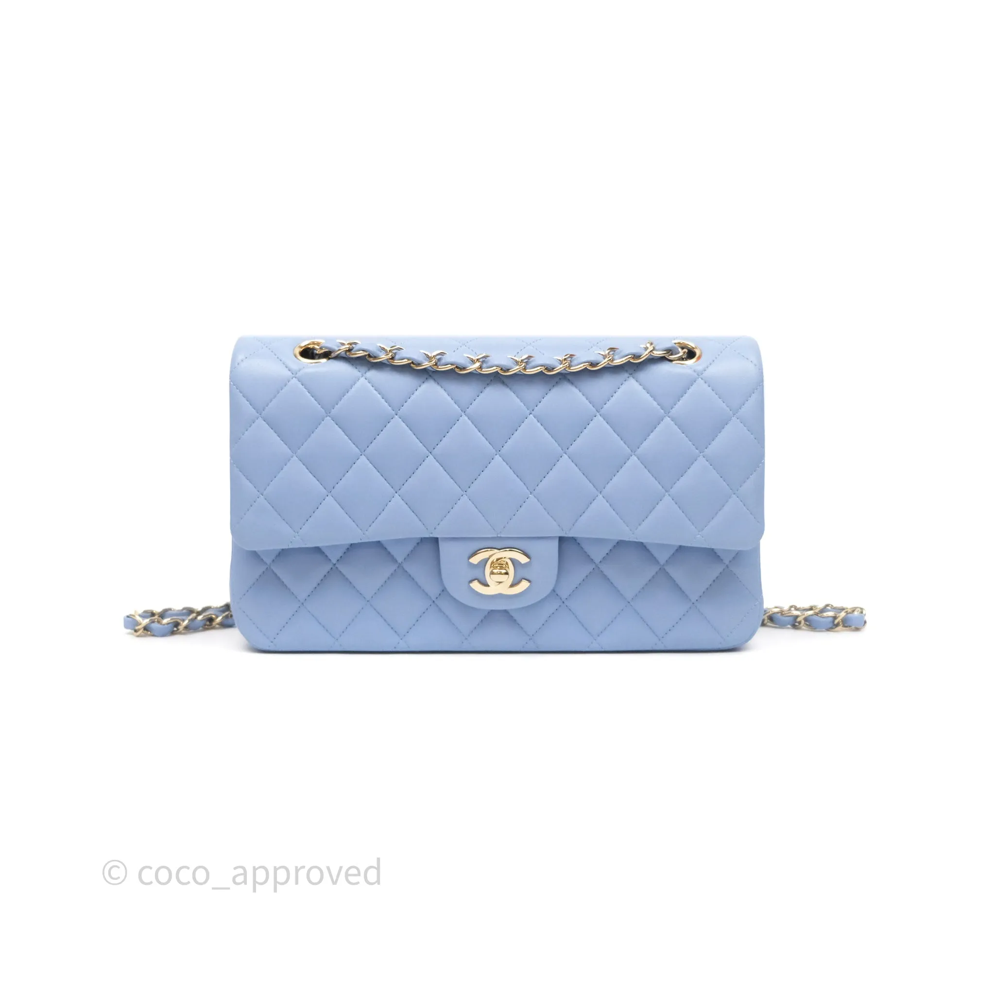 Chanel Classic M/L Medium Flap Quilted Sky Blue Lambskin Gold Hardware