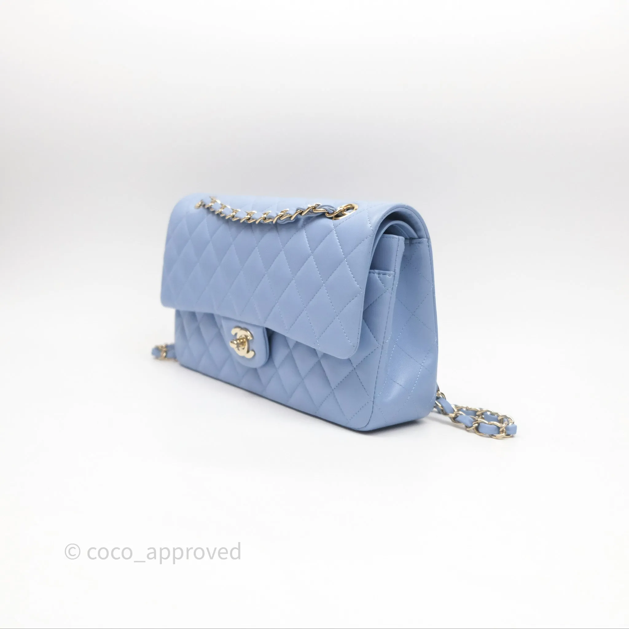 Chanel Classic M/L Medium Flap Quilted Sky Blue Lambskin Gold Hardware
