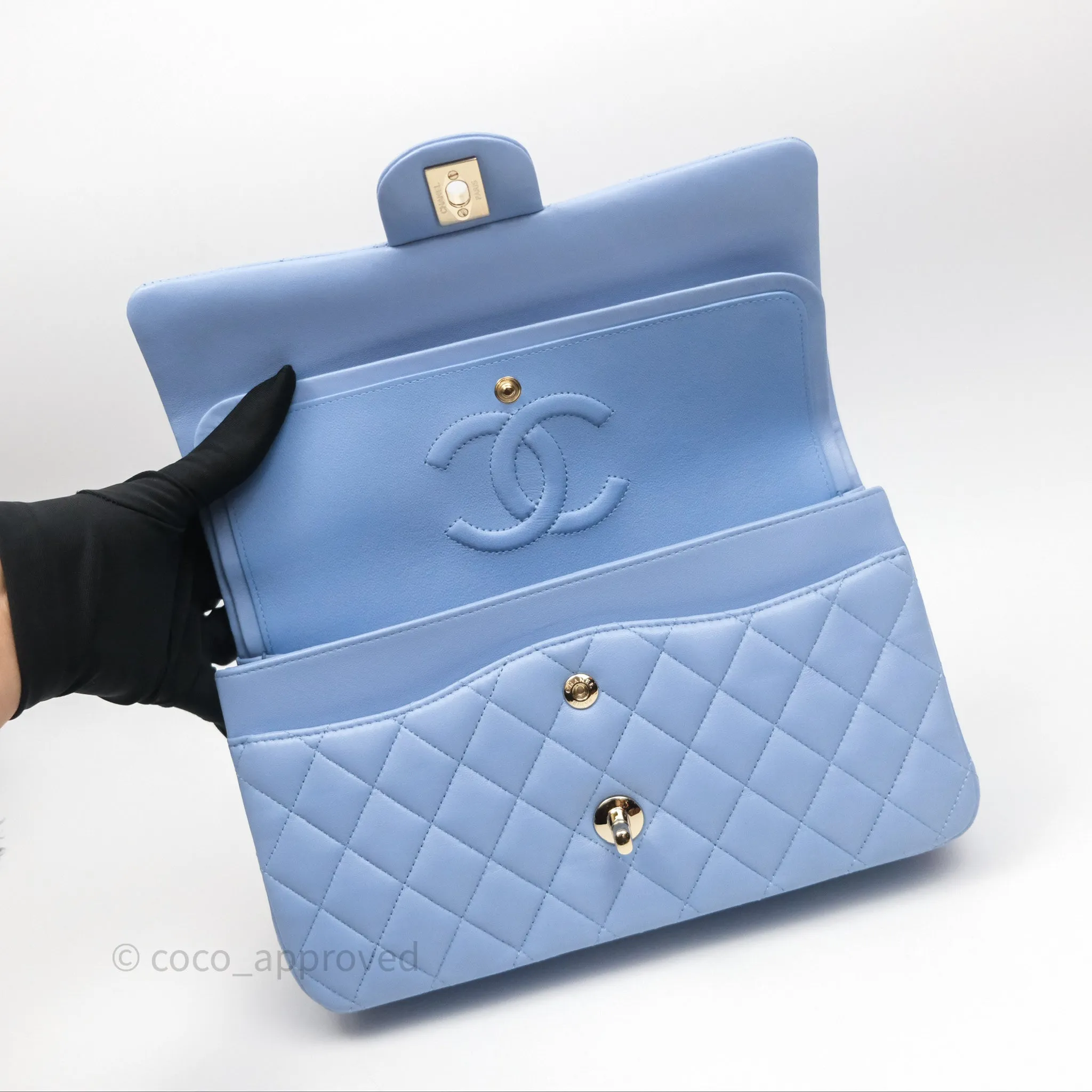 Chanel Classic M/L Medium Flap Quilted Sky Blue Lambskin Gold Hardware