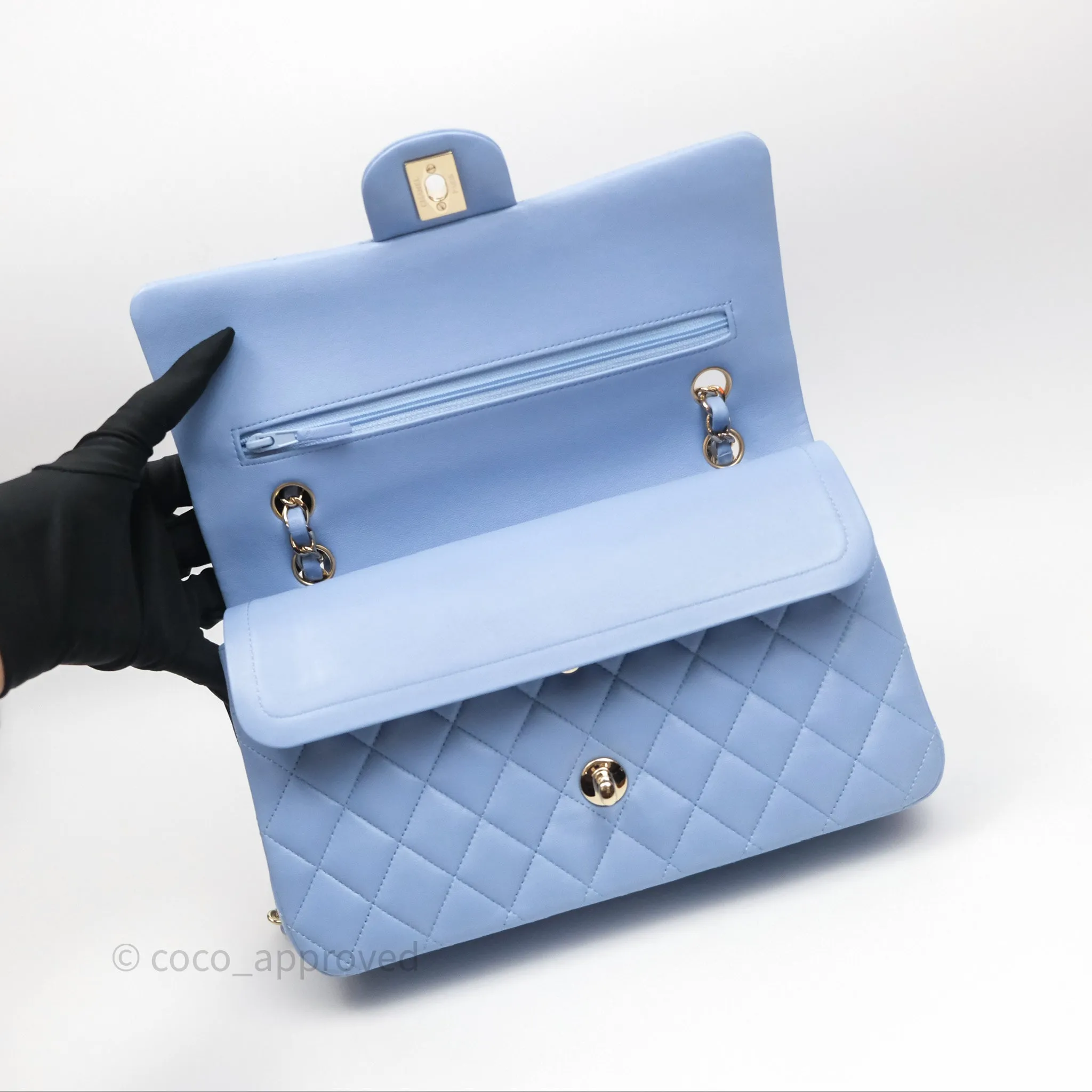 Chanel Classic M/L Medium Flap Quilted Sky Blue Lambskin Gold Hardware