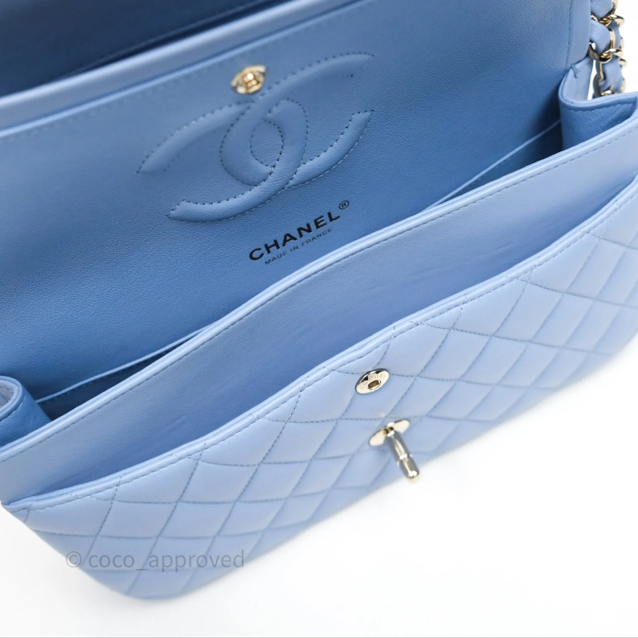 Chanel Classic M/L Medium Flap Quilted Sky Blue Lambskin Gold Hardware