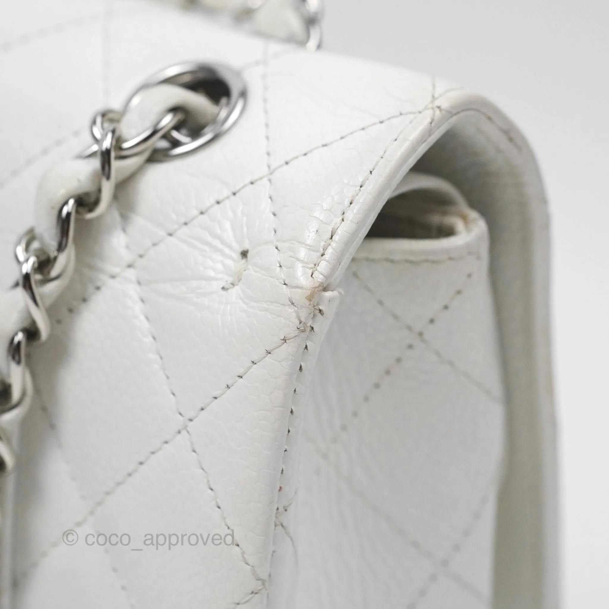 Chanel Classic M/L Medium Flap Quilted White Caviar Silver Hardware